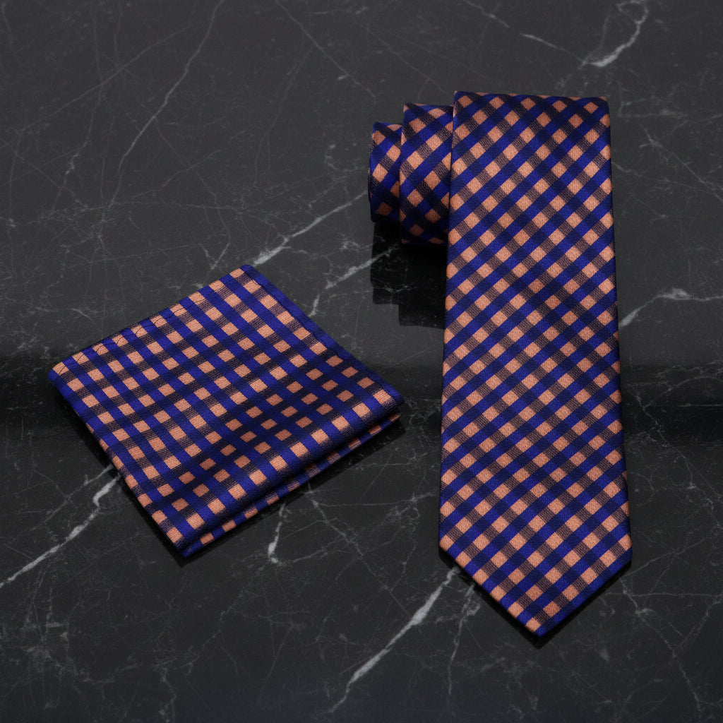 Alt View: A Dark Blue, Orange Small Geometric Check Pattern Necktie, Matching Pocket Square