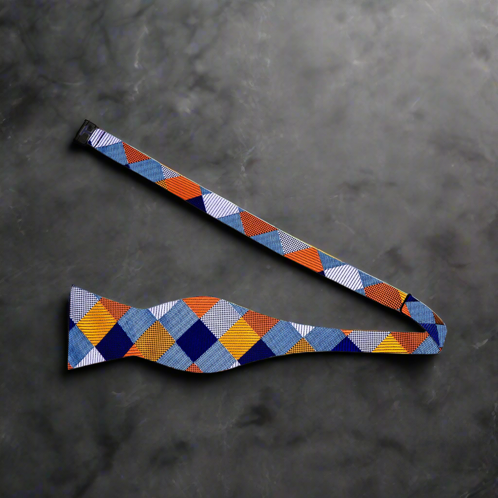 Untied: A Grey, Blue, Orange Geometric Diamond Pattern Silk Self Tie Bow Tie