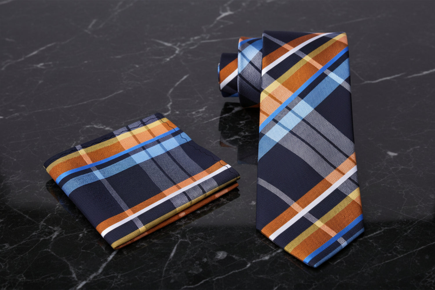 Alt View: A Blue, Orange, Light Blue Plaid Pattern Necktie, Matching Pocket Square