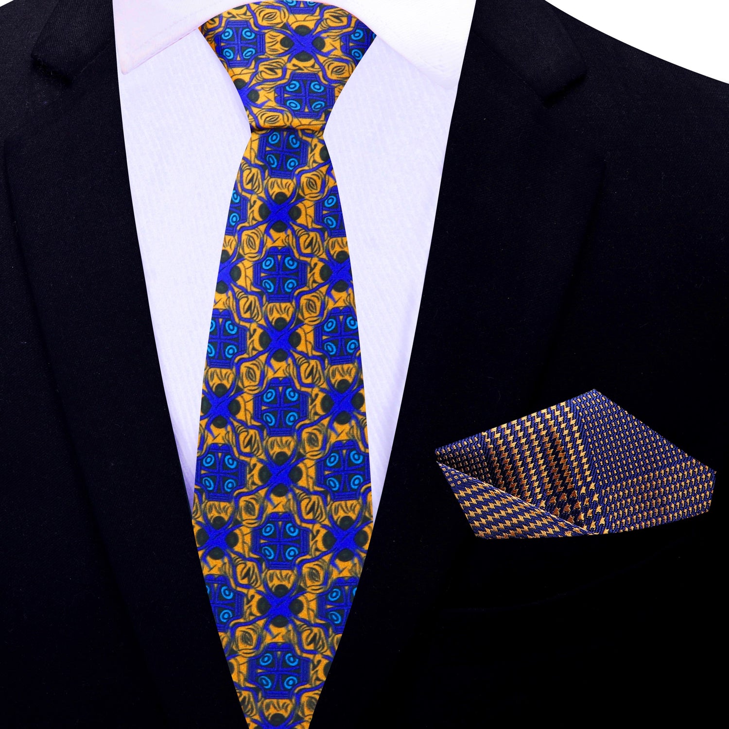 Thin Tie: Main View: Blue, Orange, Gold Abstract Tie and Solid Orange, Blue Pocket Square