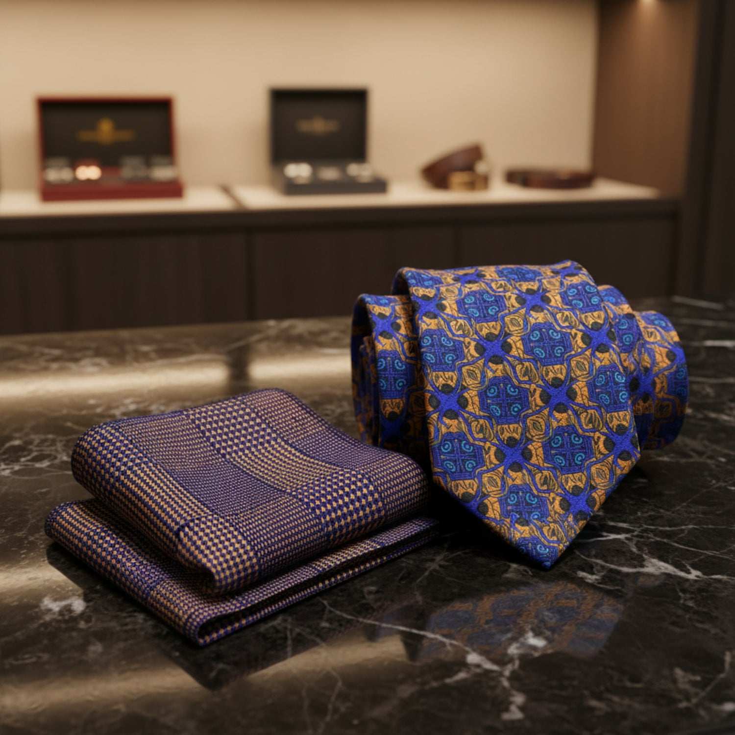 Alt View: Main View: Blue, Orange, Gold Abstract Tie and Solid Orange, Blue Pocket Square
