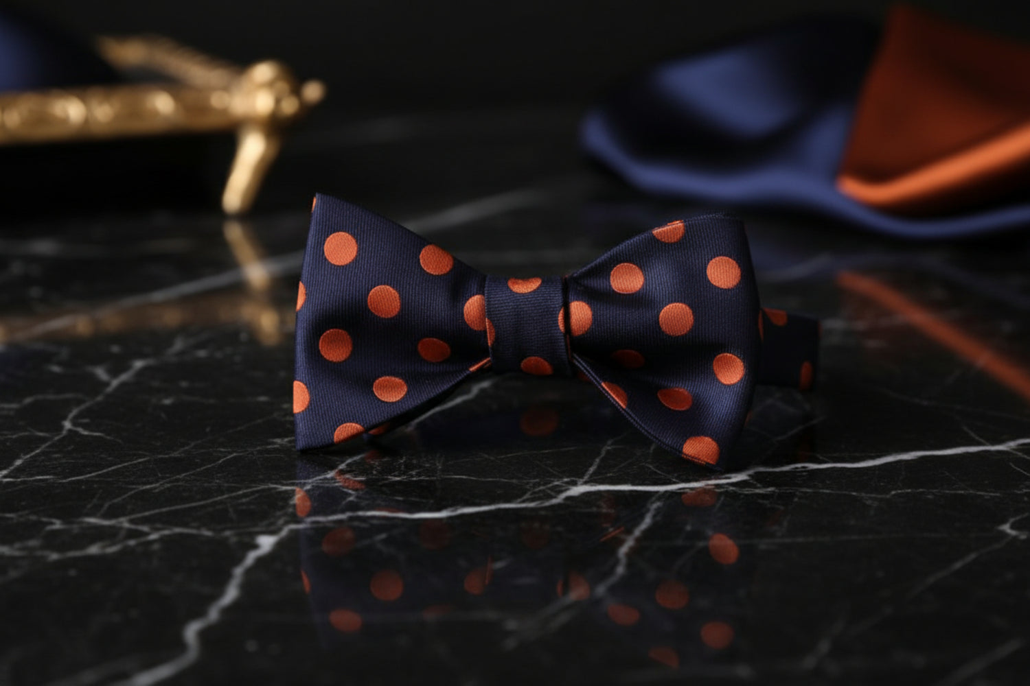 A Blue, Orange Polka Pattern Self Tie Bow Tie Bow Tie 