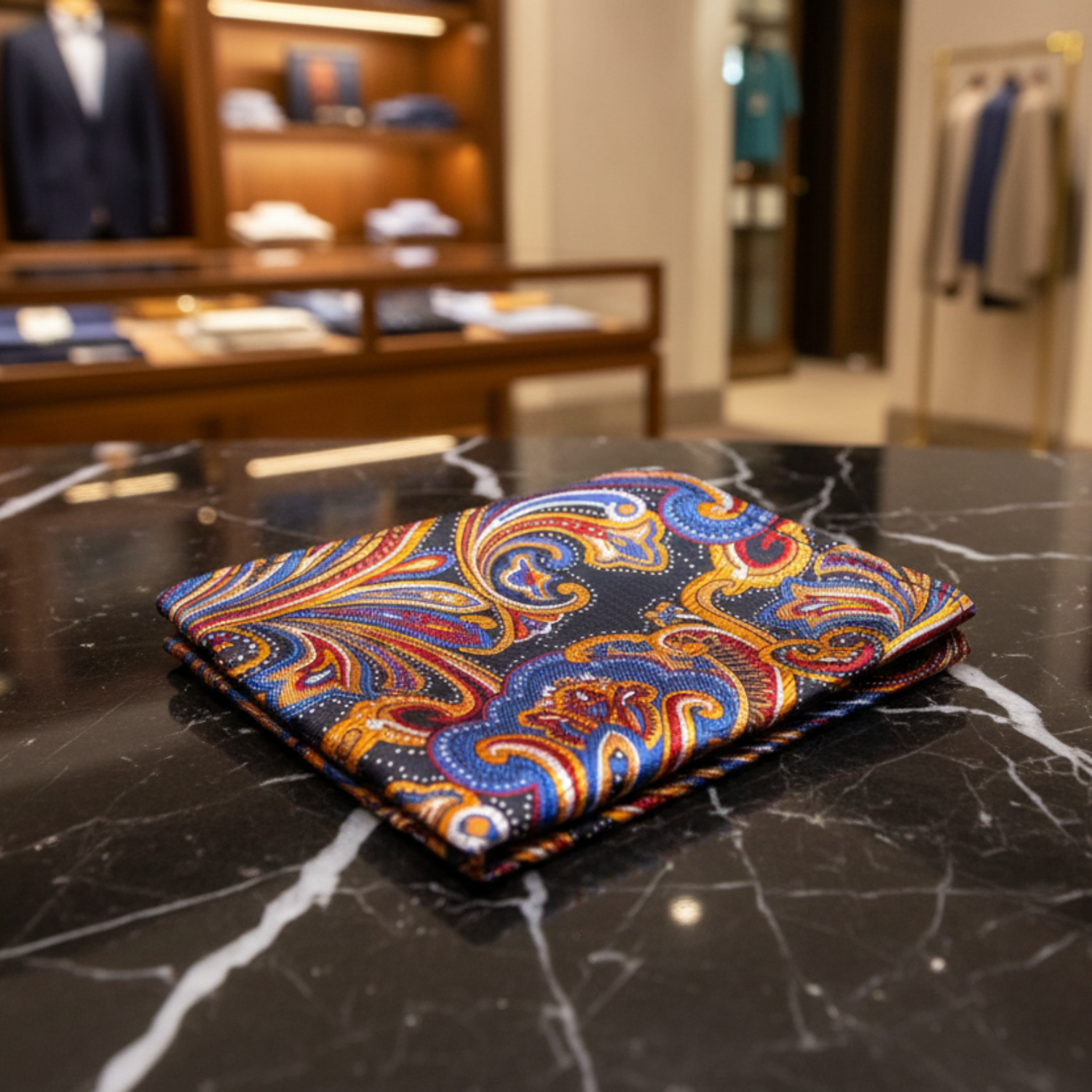 A Blue, Orange, Red Paisley Pattern Pocket Square