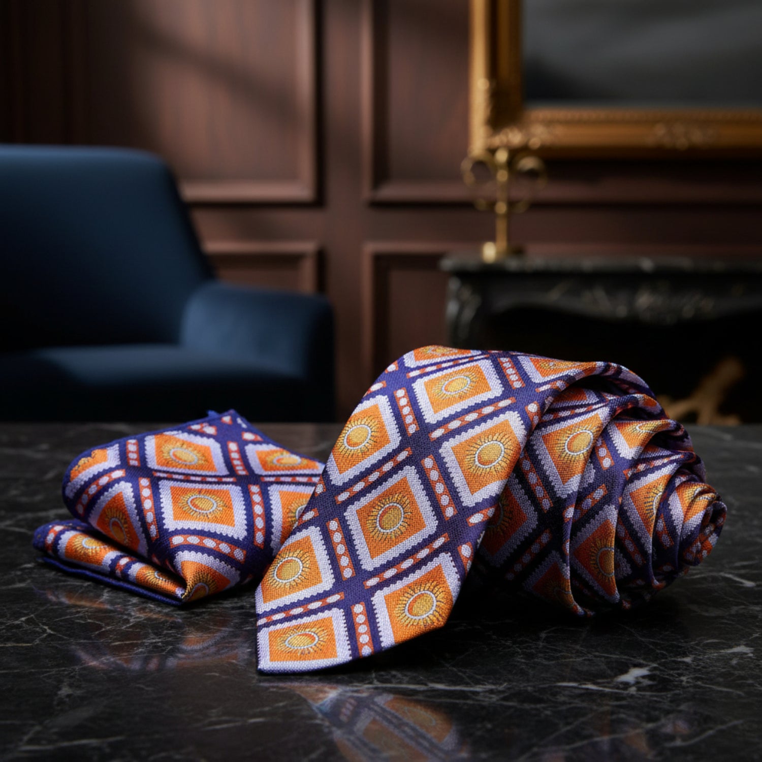 A Dark Blue, Orange Sunburst Design Necktie, Matching Pocket Square