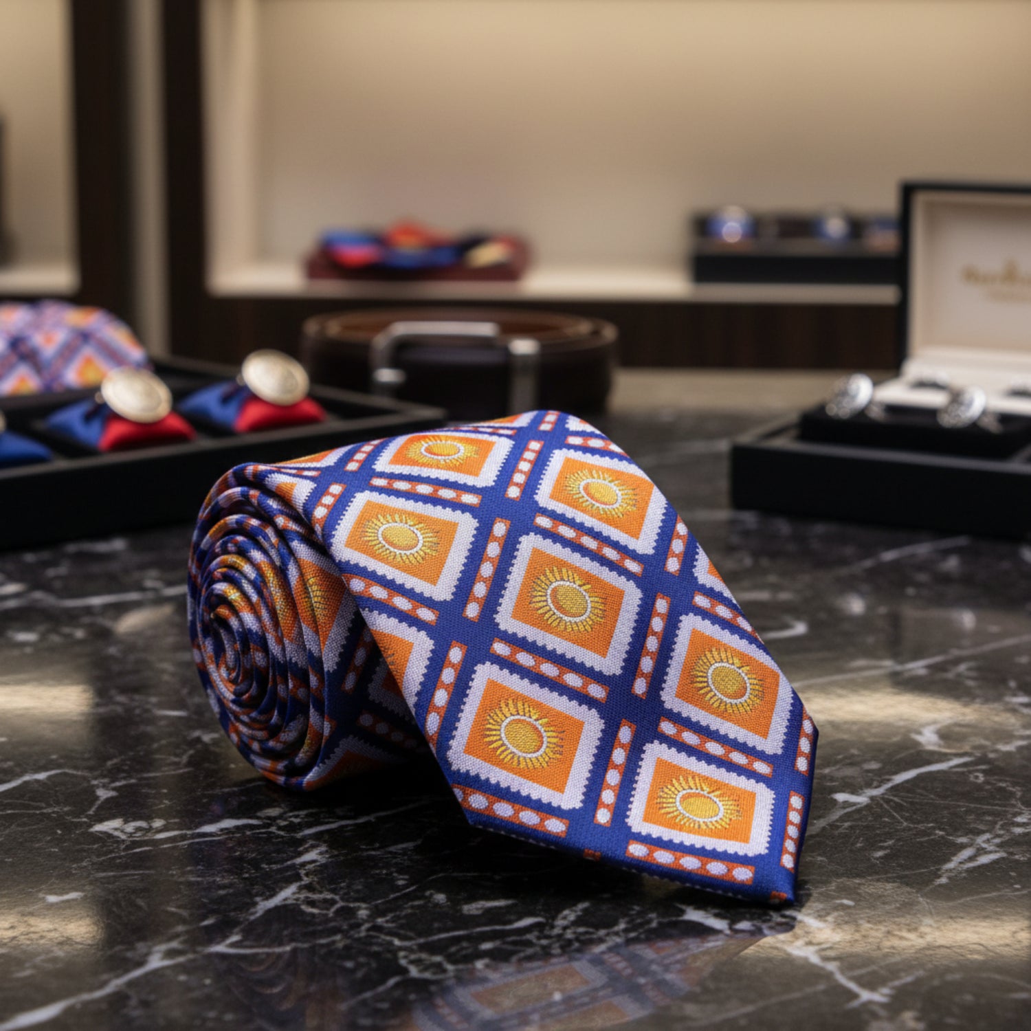  A Dark Blue, Orange Sunburst Design Tie