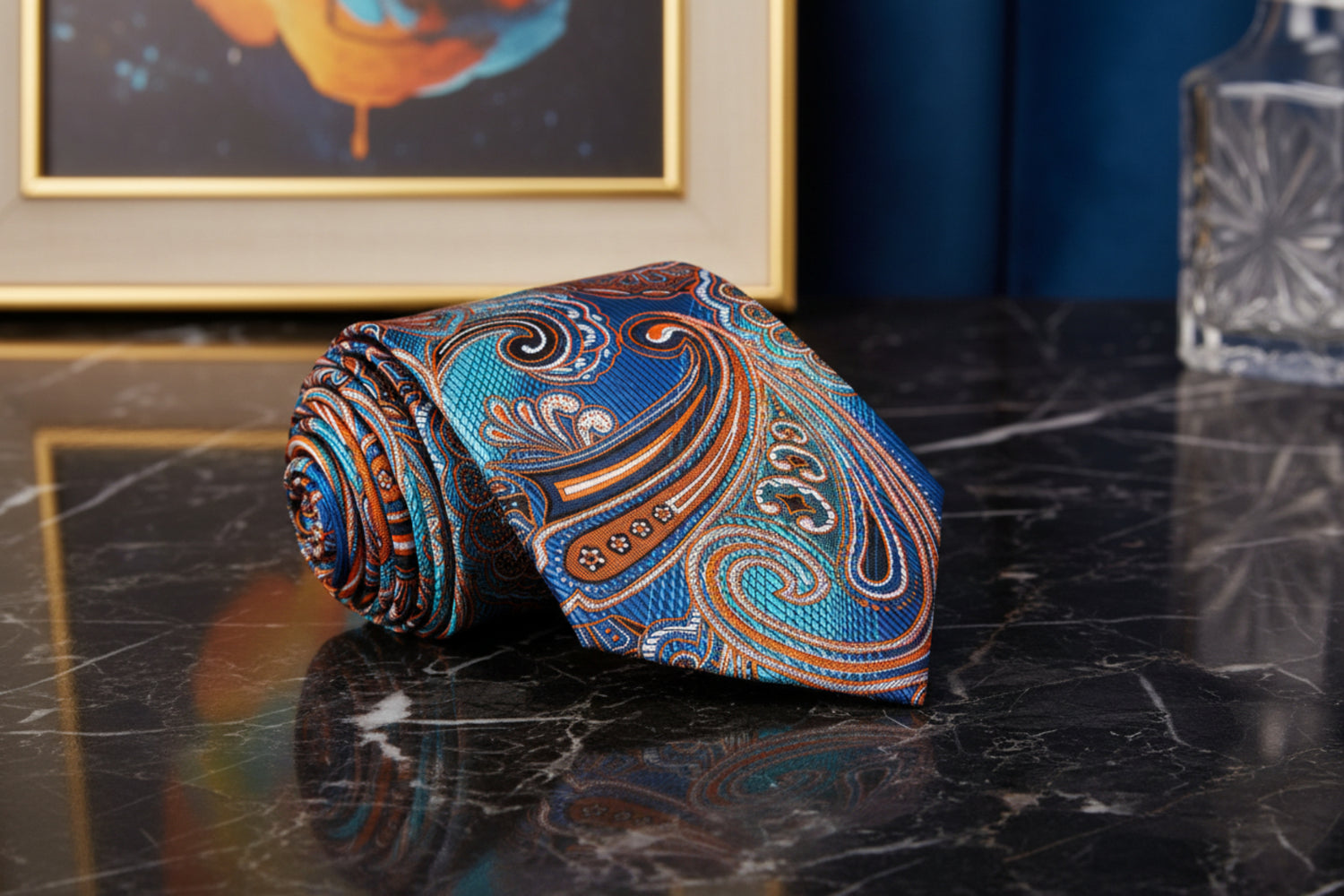 A Blue, Orange Paisley Pattern Necktie