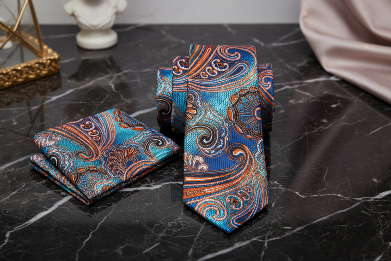 Alt View: A Blue, Orange Paisley Pattern Silk Necktie, Matching Silk Pocket Square