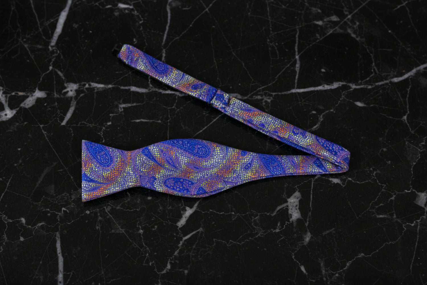 Self Tie: Blue, Yellow, Orange Paisley Bow Tie