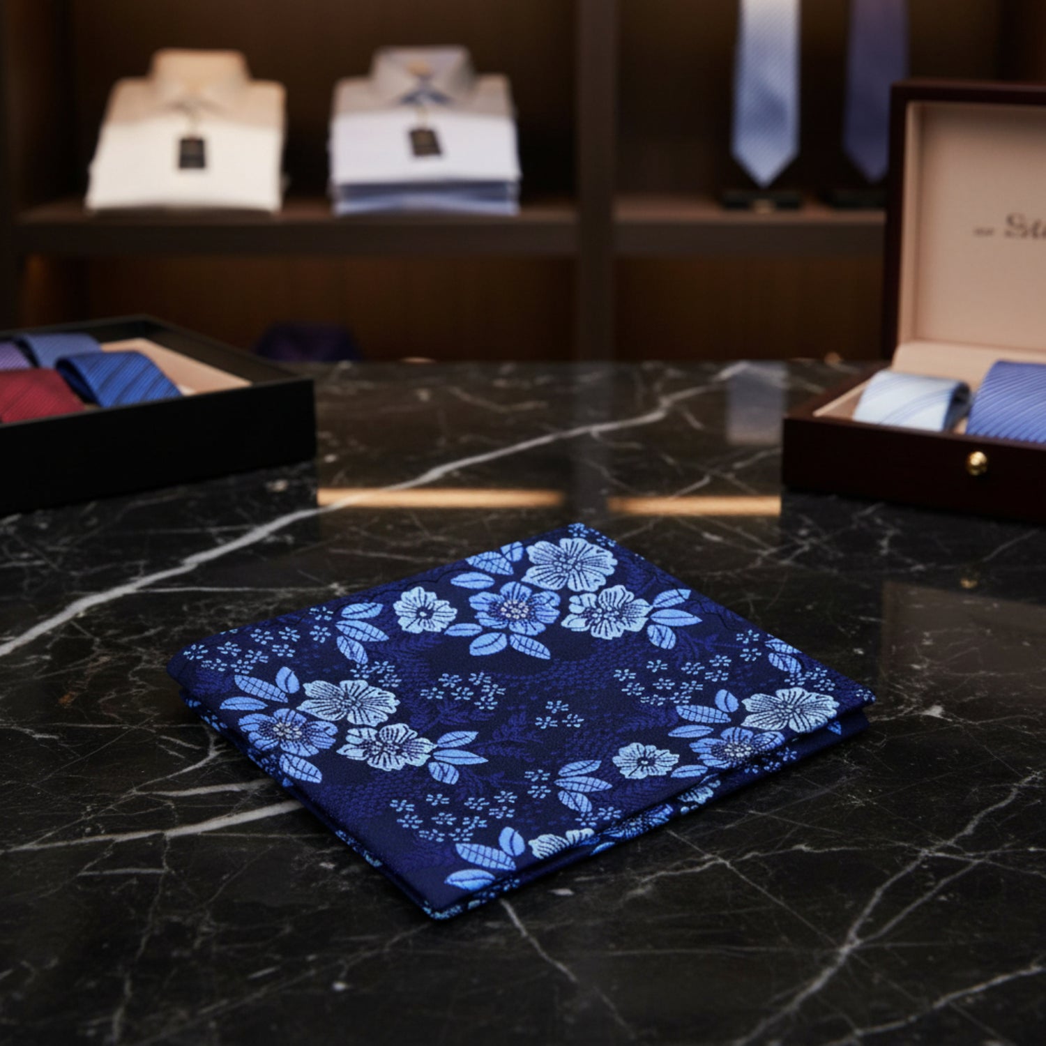 A Blue, Light Blue Detailed Flowers Pattern Pocket Square
