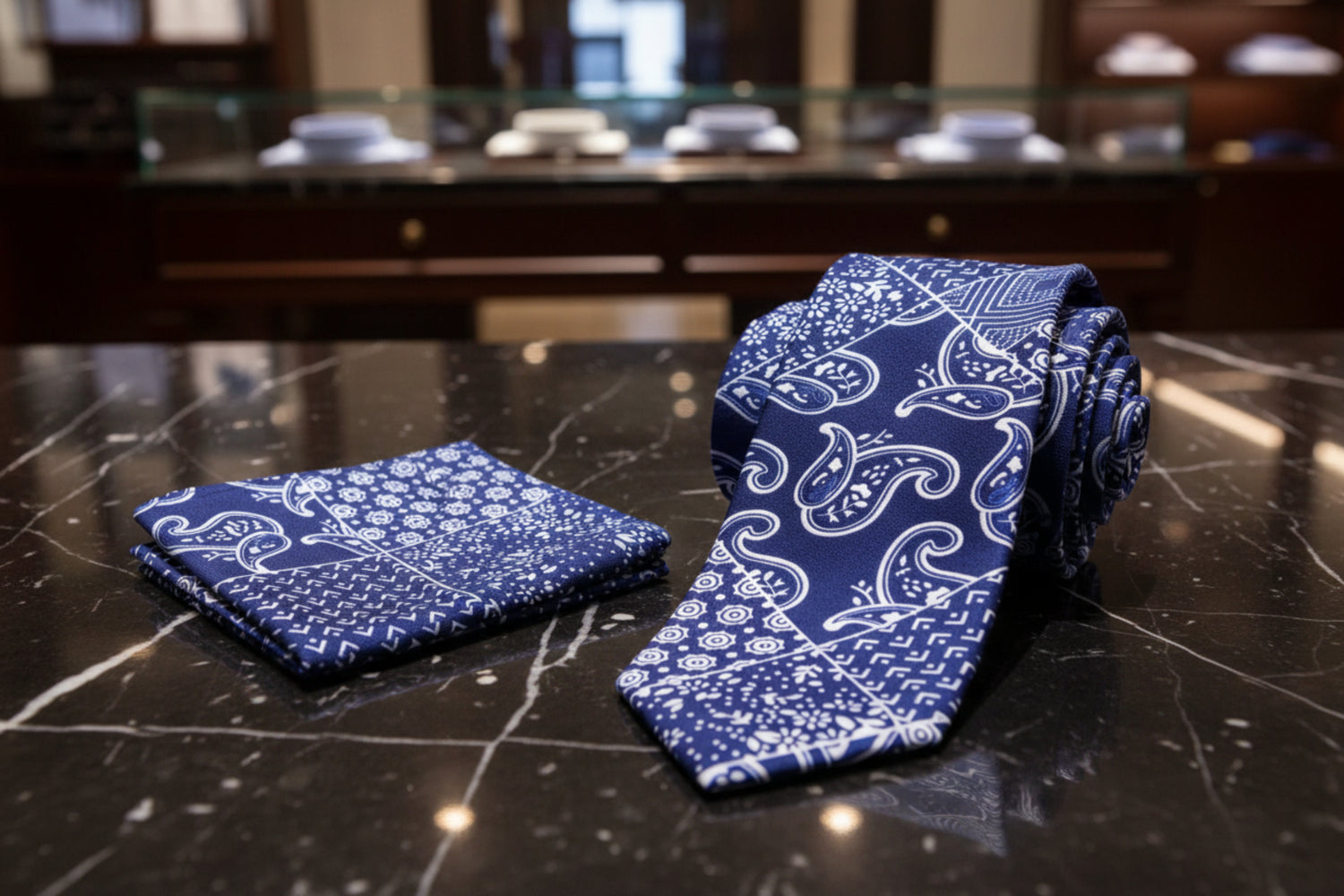 Alt View: Blue, White Patchwork Bandana Paisley Tie and Pocket Square