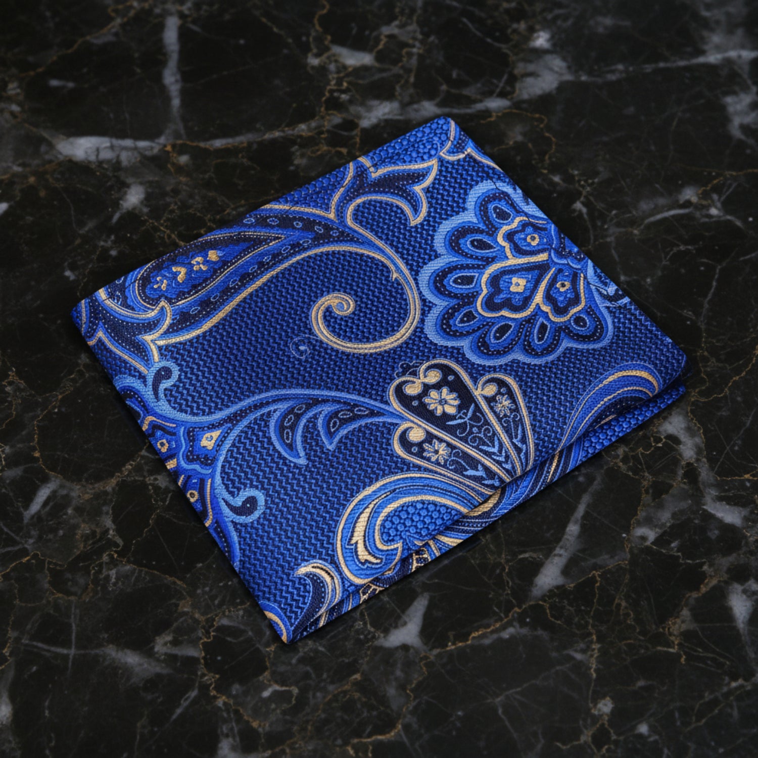 A Blue, Black, Gold Paisley Pattern Pocket Square