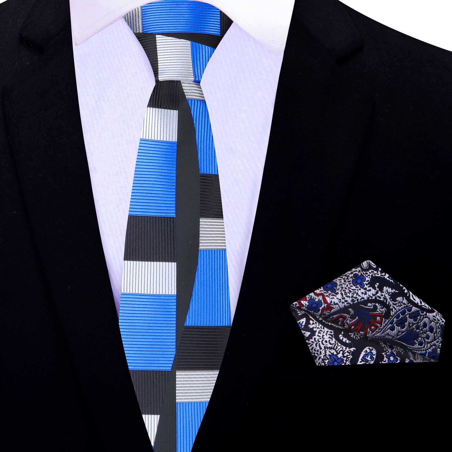 Thin Tie: Blue, Grey, Black Abstract Tie and Accenting Grey, Black, Red Paisley Pocket Square