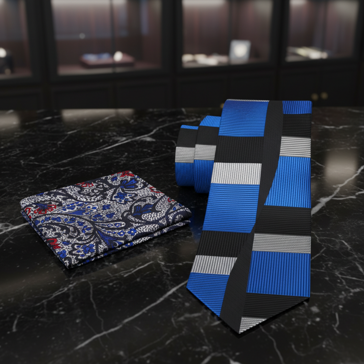 Alt View: Blue, Grey, Black Abstract Tie and Accenting Grey, Black, Red Paisley Pocket Square