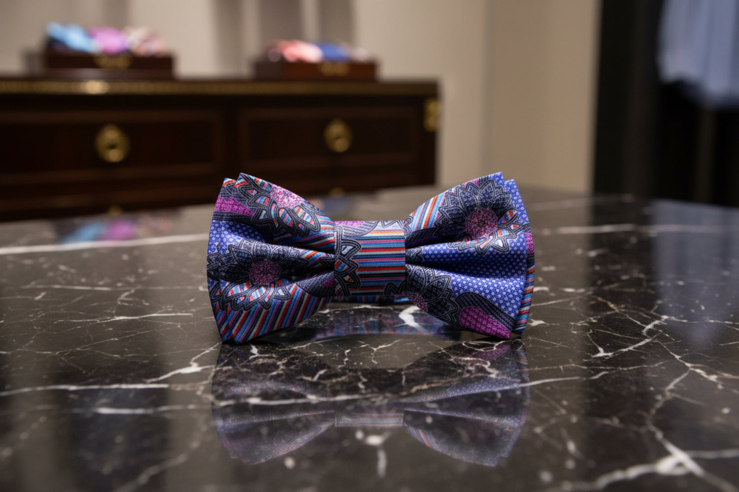 A Purple, Blue, Pink, Black Color Abstract Pattern Bow Tie