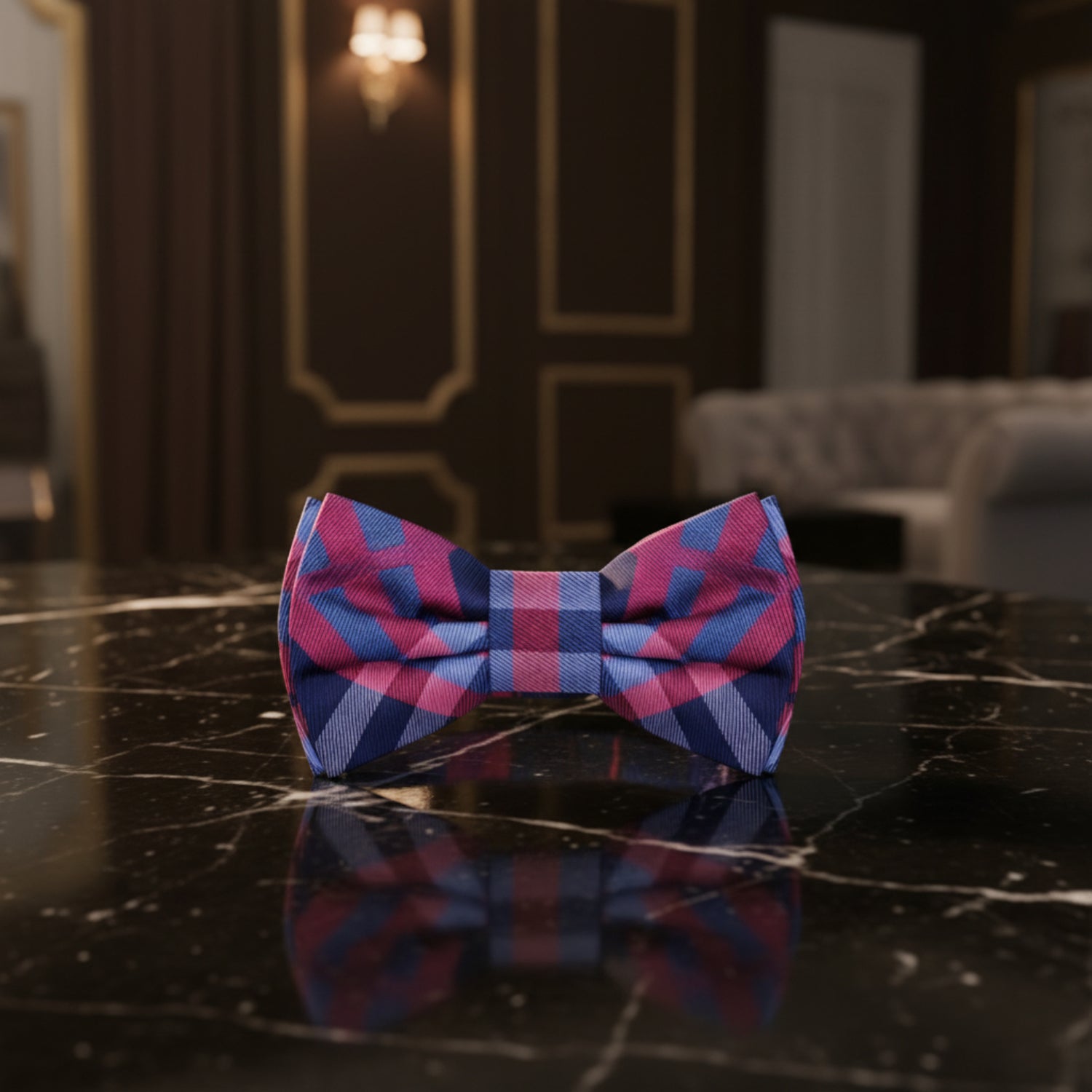 A Pink, Blue Plaid Pattern Self Tie Bow Tie 