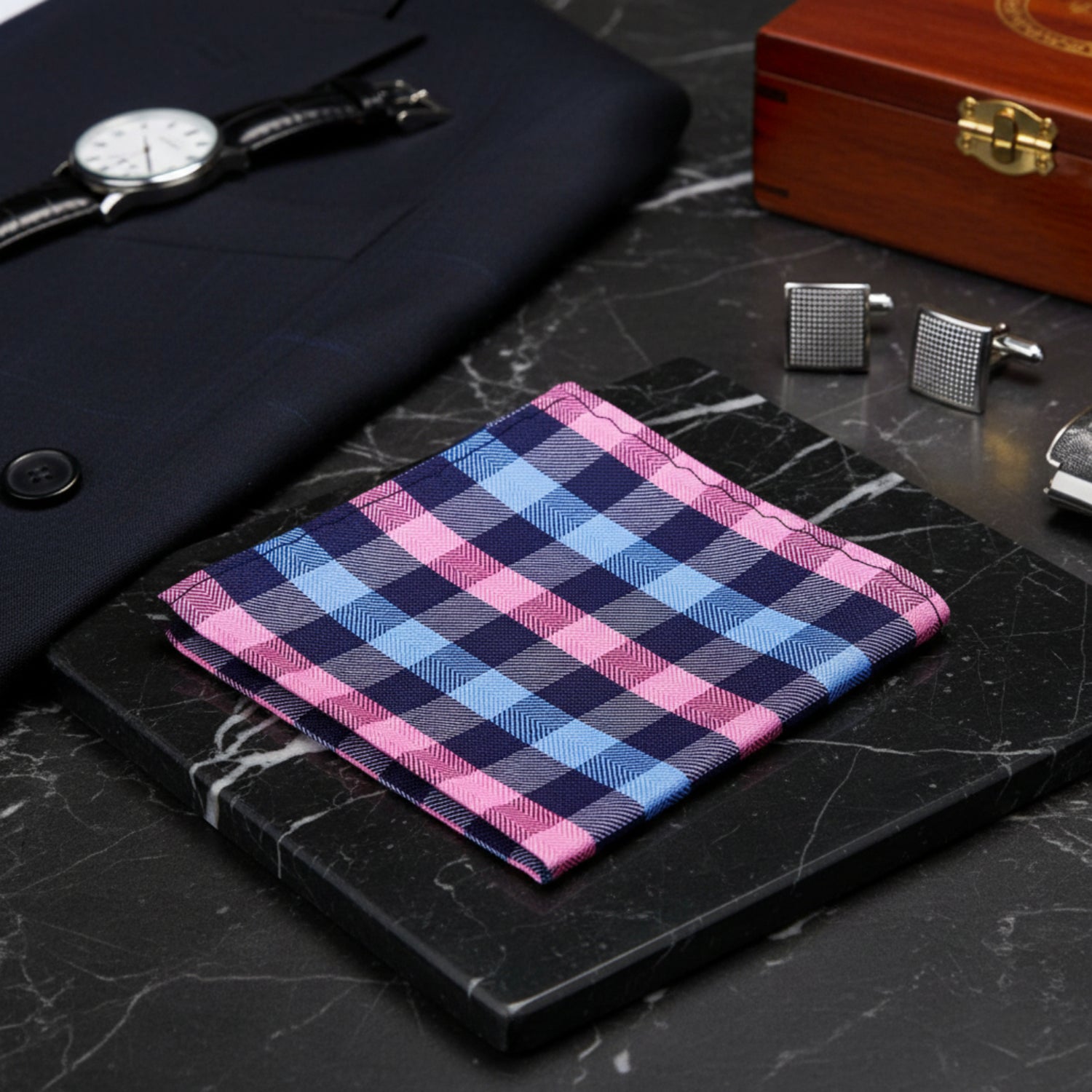 Blue, Pink Check Pocket Square