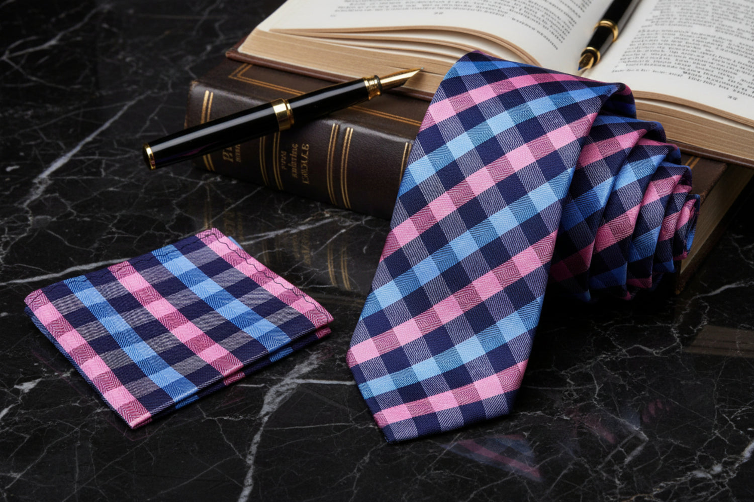 Alt View: A Pink, Blue Small Geometric Checker Pattern Necktie, With Matching Pocket Square
