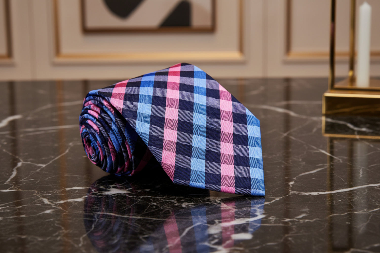 A Pink, Blue Small Geometric Checker Pattern Necktie 