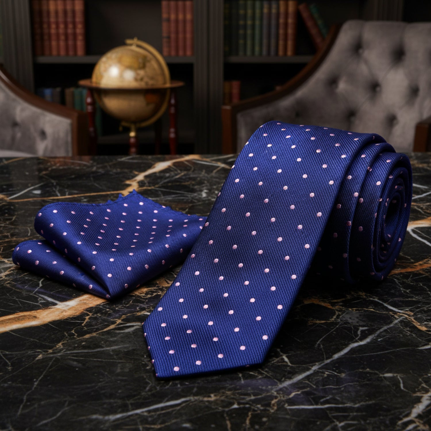 Alt View: Blue, Pink Small Polka Dot Tie and Pocket Square