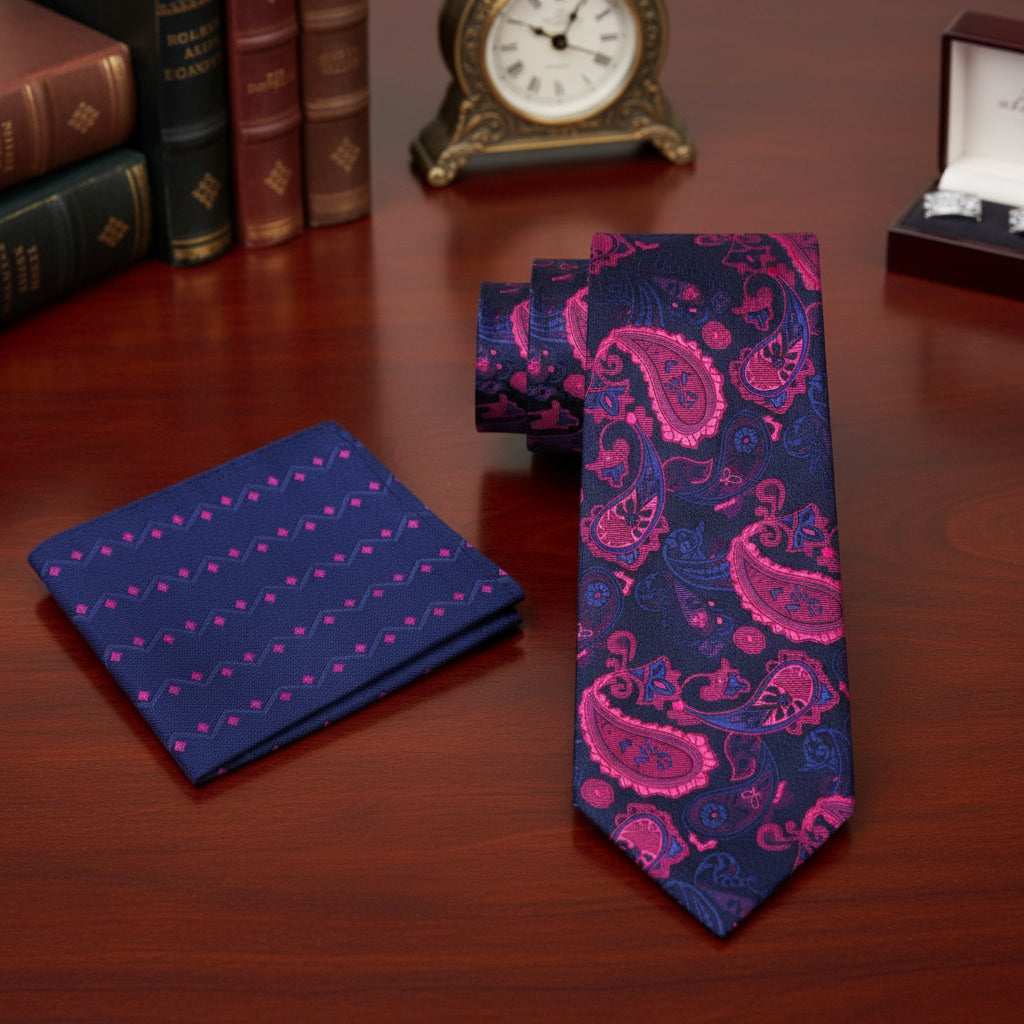 Alt View: A Dark Blue, Pink Paisley Pattern Necktie, Accenting Pocket Square||Blue, Pink