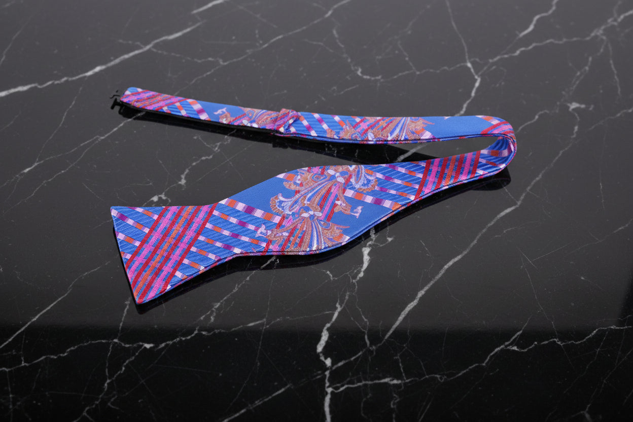 A Blue, Pink Abstract Intricate Floral and Paisley Pattern Self Tie Bow Tie Untied