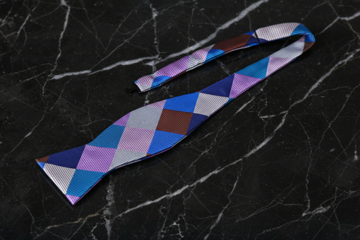 A Blue, Pink, Grey Geometric Diamonds Pattern Self Tie Bow Tie Untied