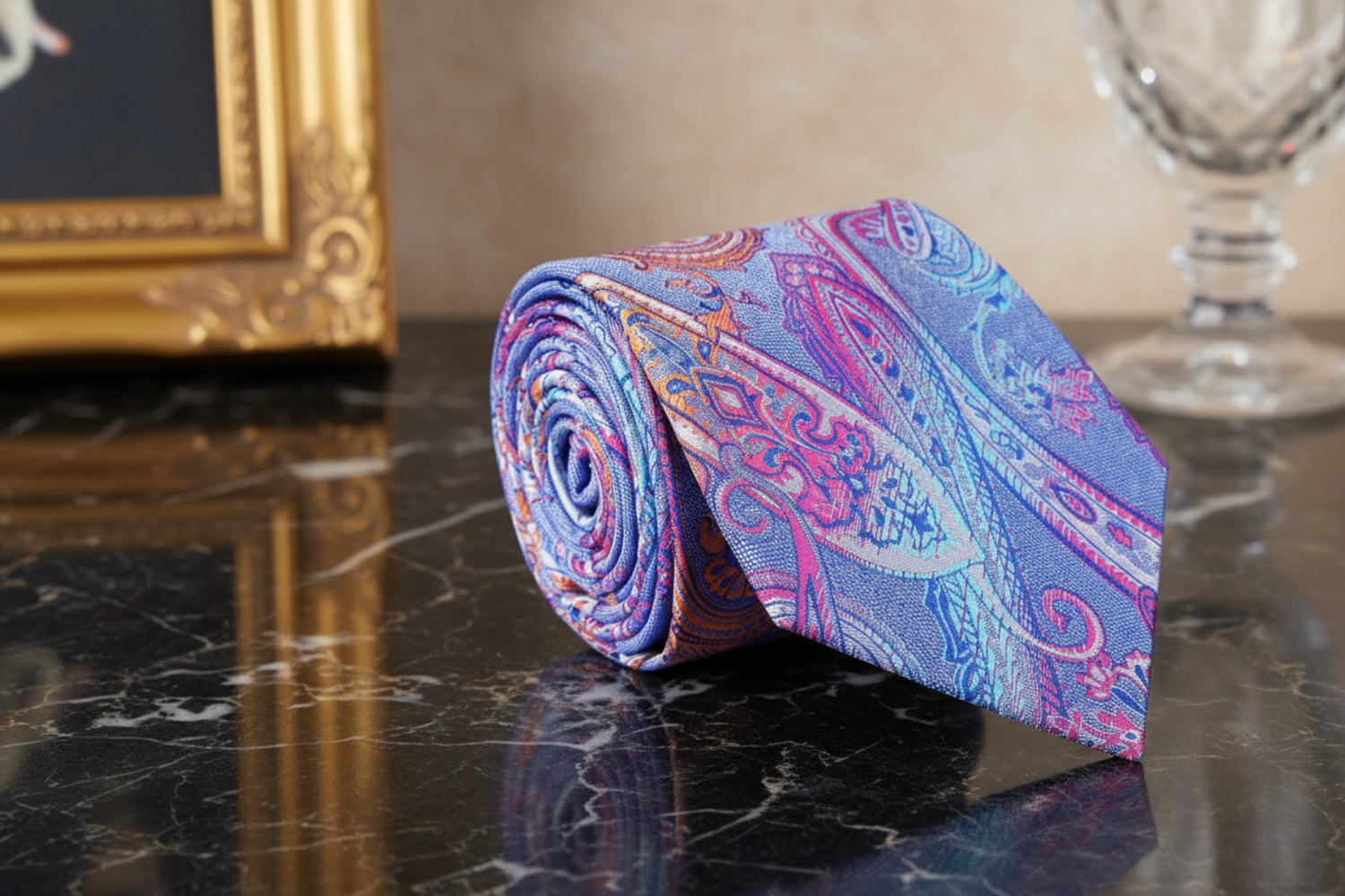 Blue, Pink Orange Paisley Silk Tie  