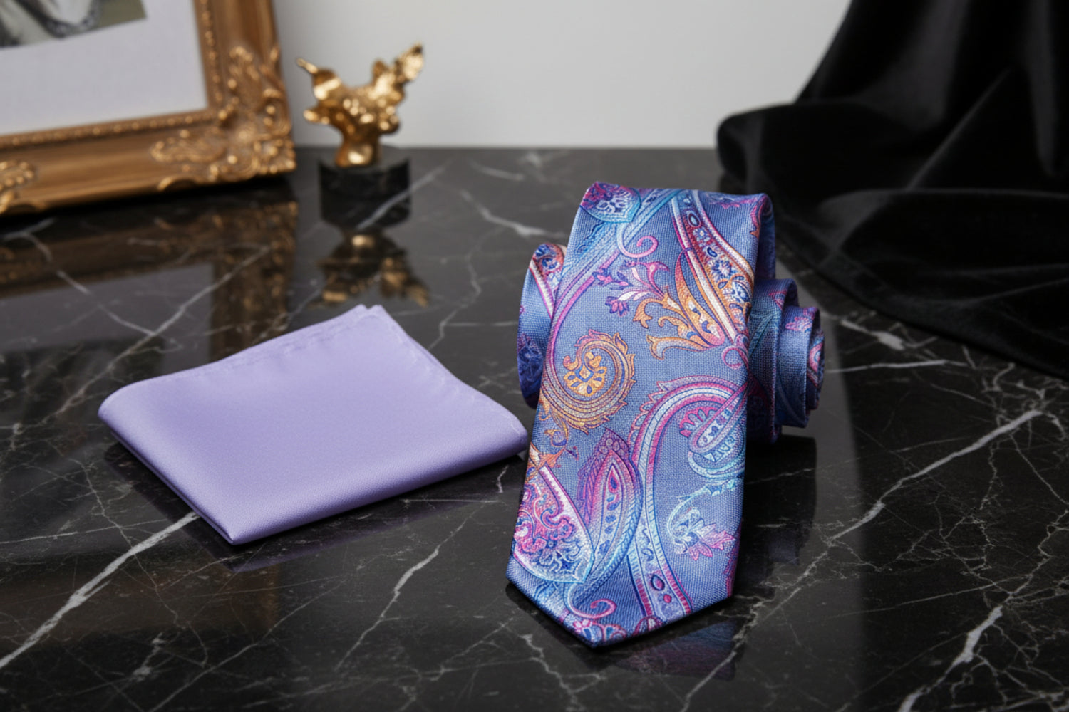 Alt View: Blue, Pink Orange Paisley Tie and Accenting Light Purple Pocket Square