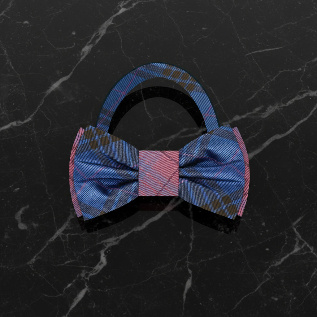 Blue, pink and brown double sided plaid bow tie pre tied