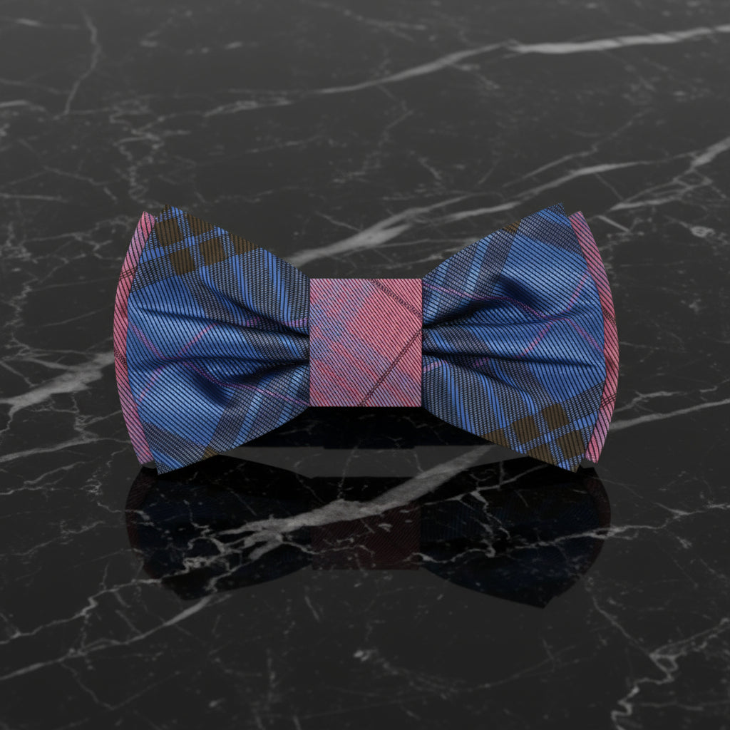 Blue, pink and brown double sided plaid bow tie single