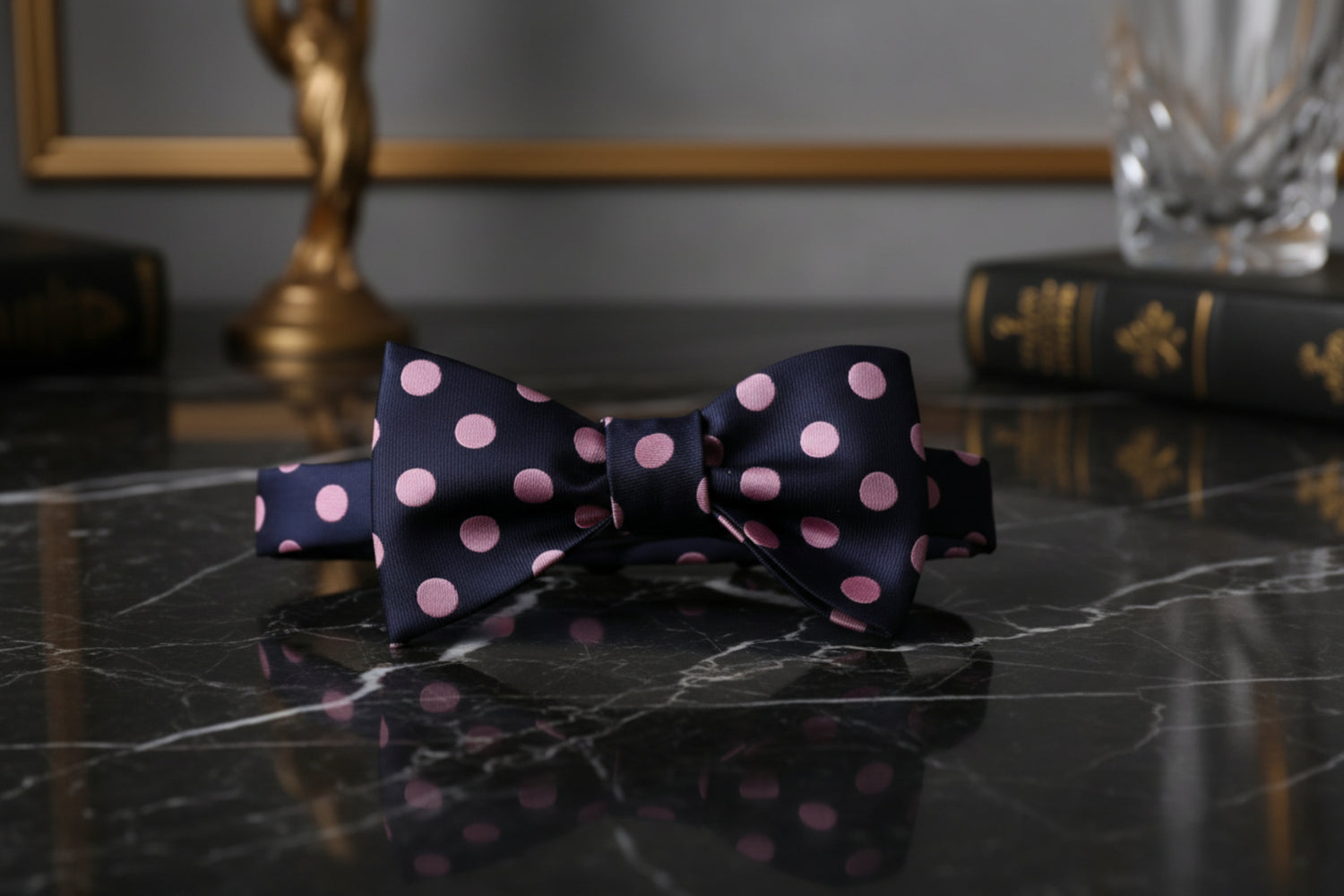A Blue, Pink Polka Pattern Self Tie Bow Tie Bow Tie
