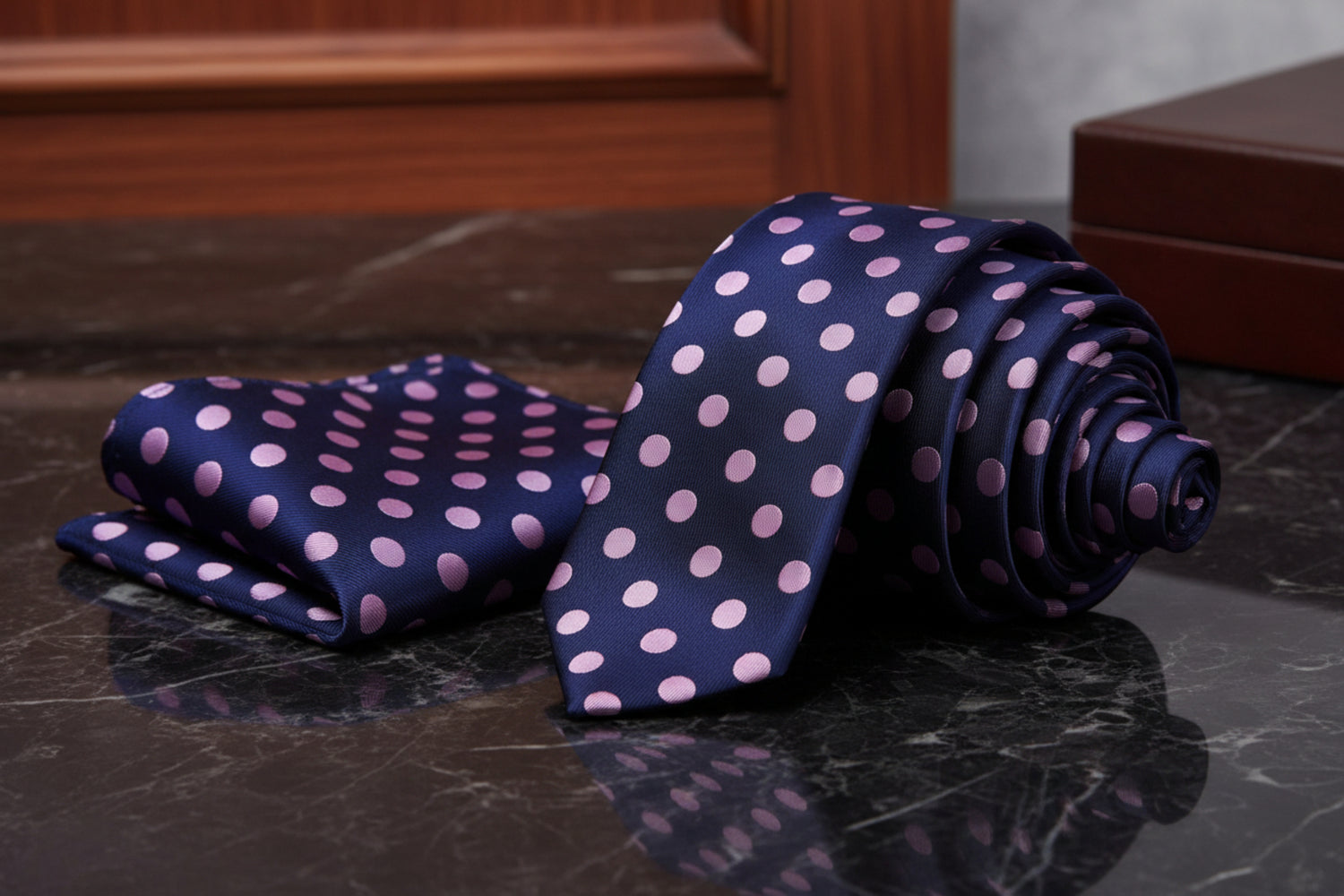 Alt view: A Dark Blue, Pink Dot Pattern Necktie, Matching Pocket Square
