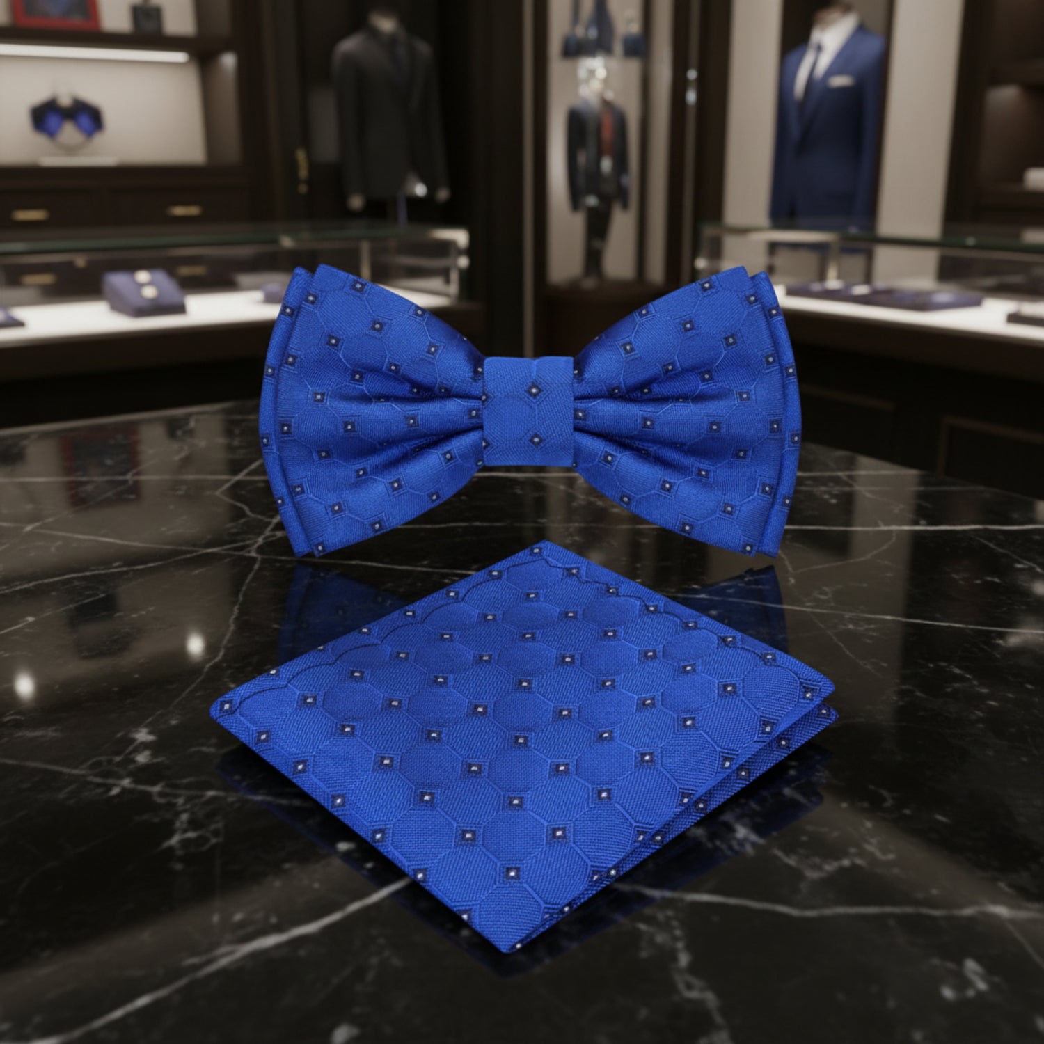 Blue Geometric Bow Tie and Pocket Square