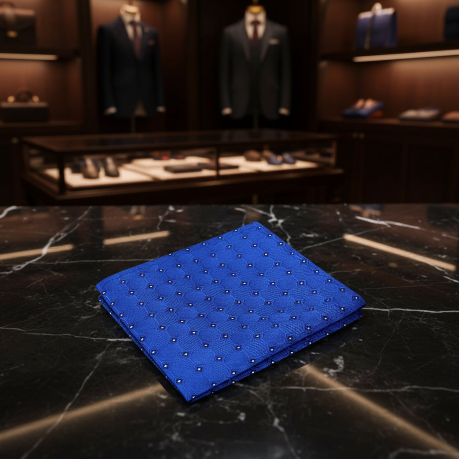 A Blue, Black Geometric Squares Pattern Pocket Square