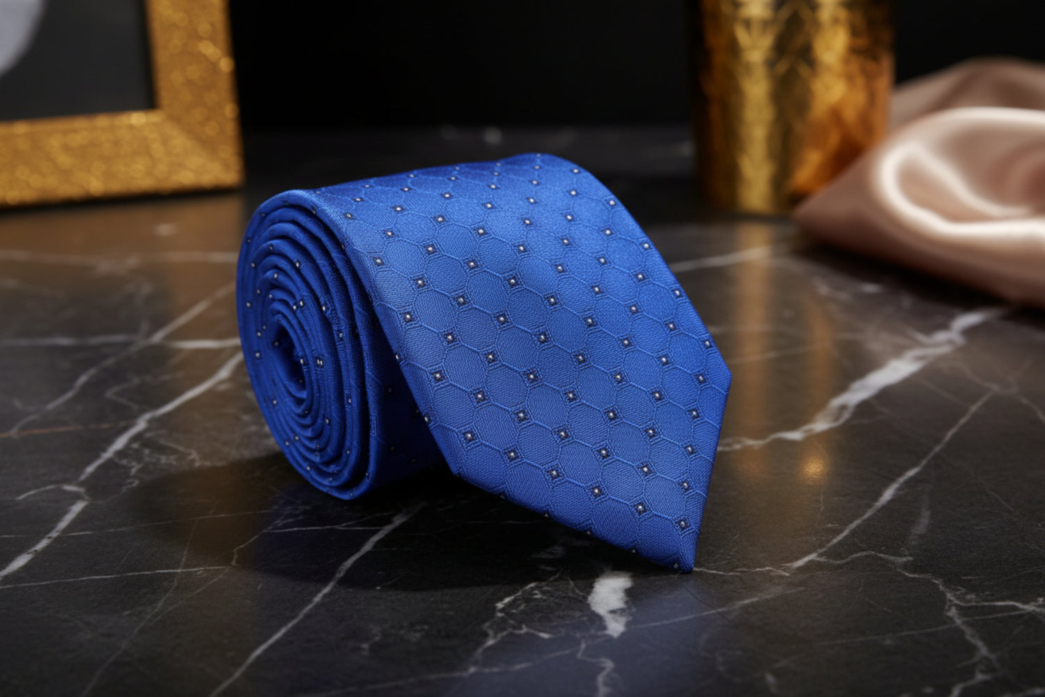 A Blue, Black, White Geometric Texture With Small Black, White Checks Necktie 