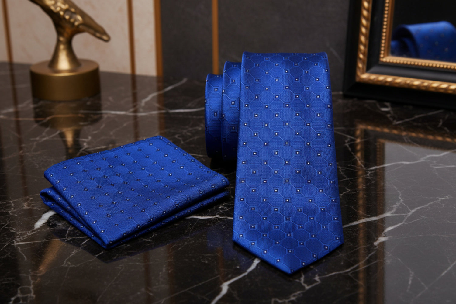 Alt View: A Blue, Black, White Geometric Texture With Small Black, White Checks Necktie, Pocket Square