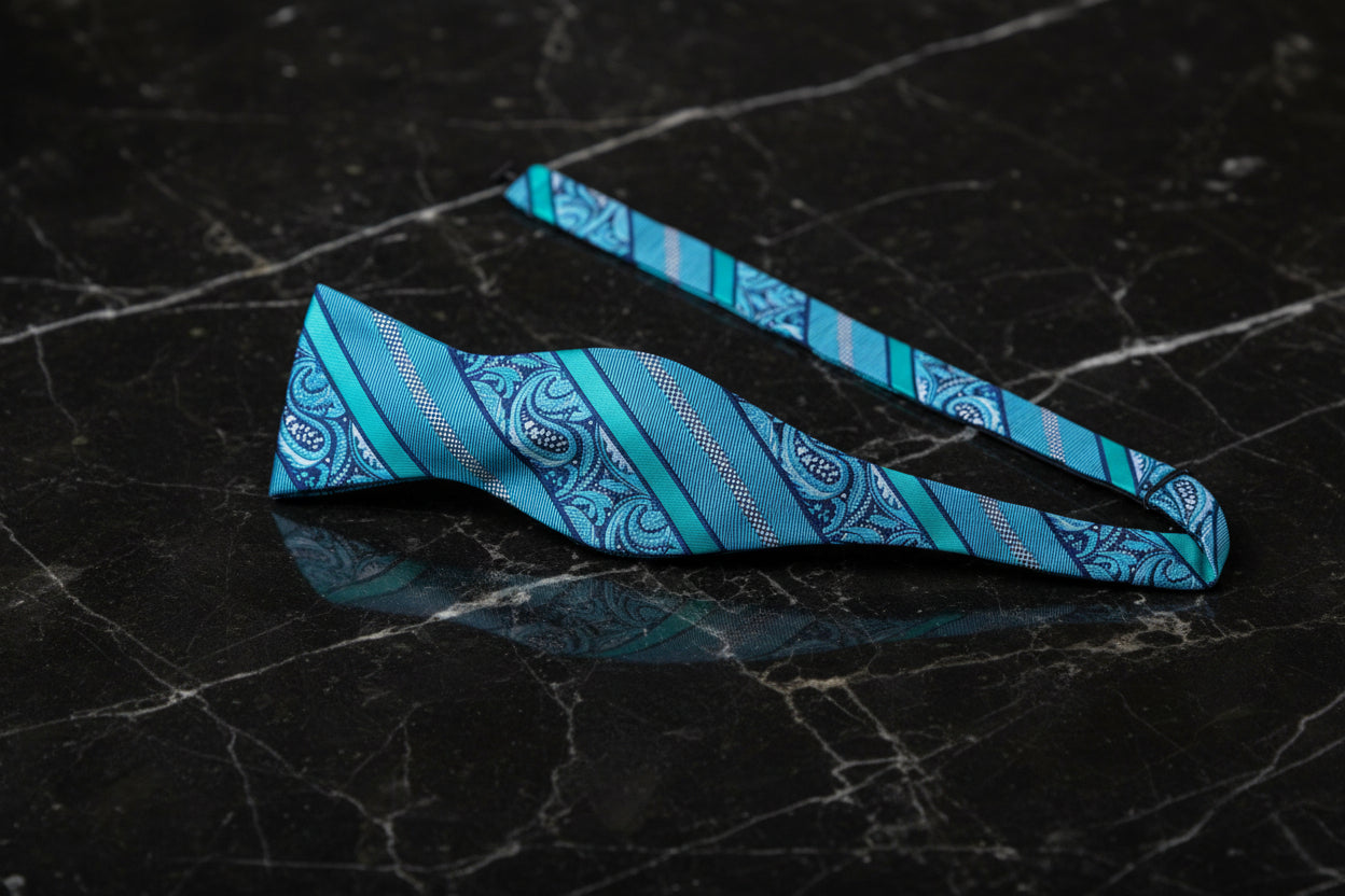 An Aqua and Seam foam Stripe and Paisley Pattern Self Tie Bow Tie Untied
