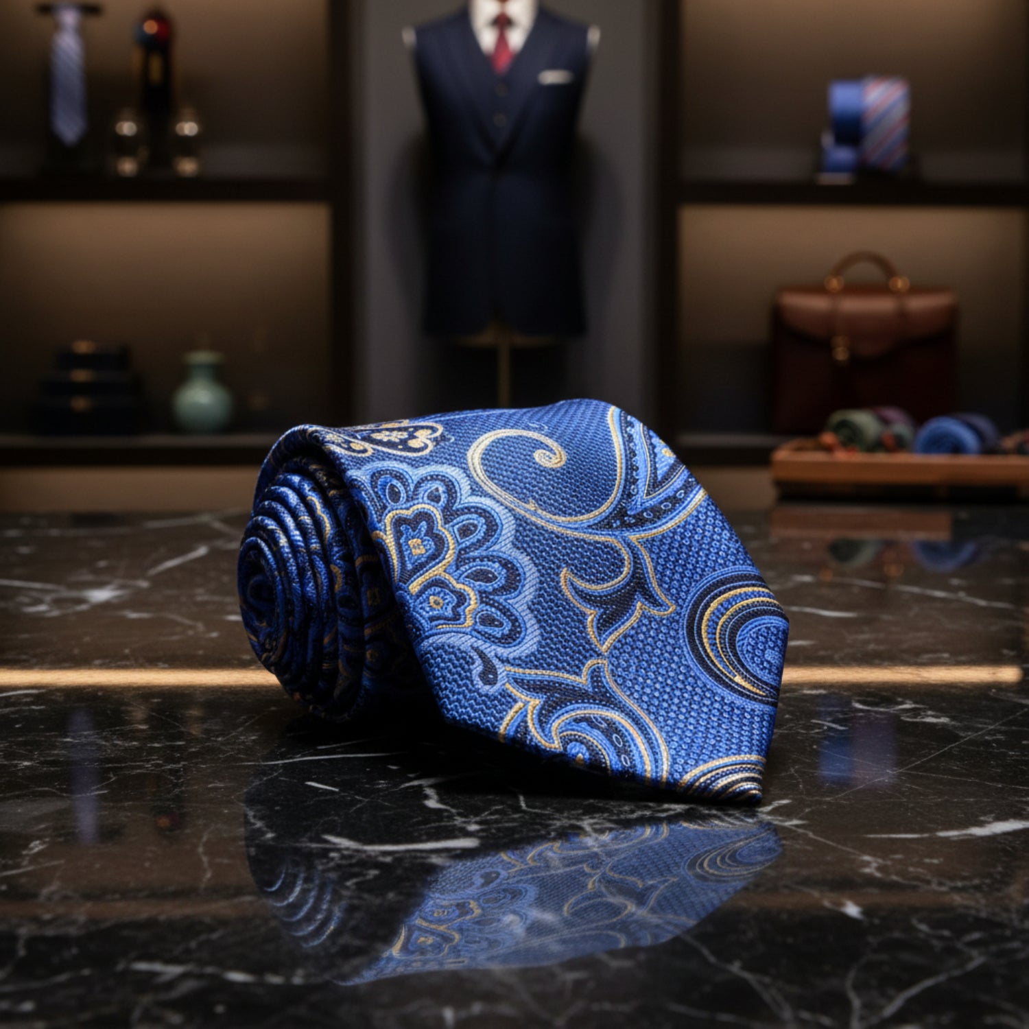 A Blue, Gold, Black Color Paisley Pattern Necktie 