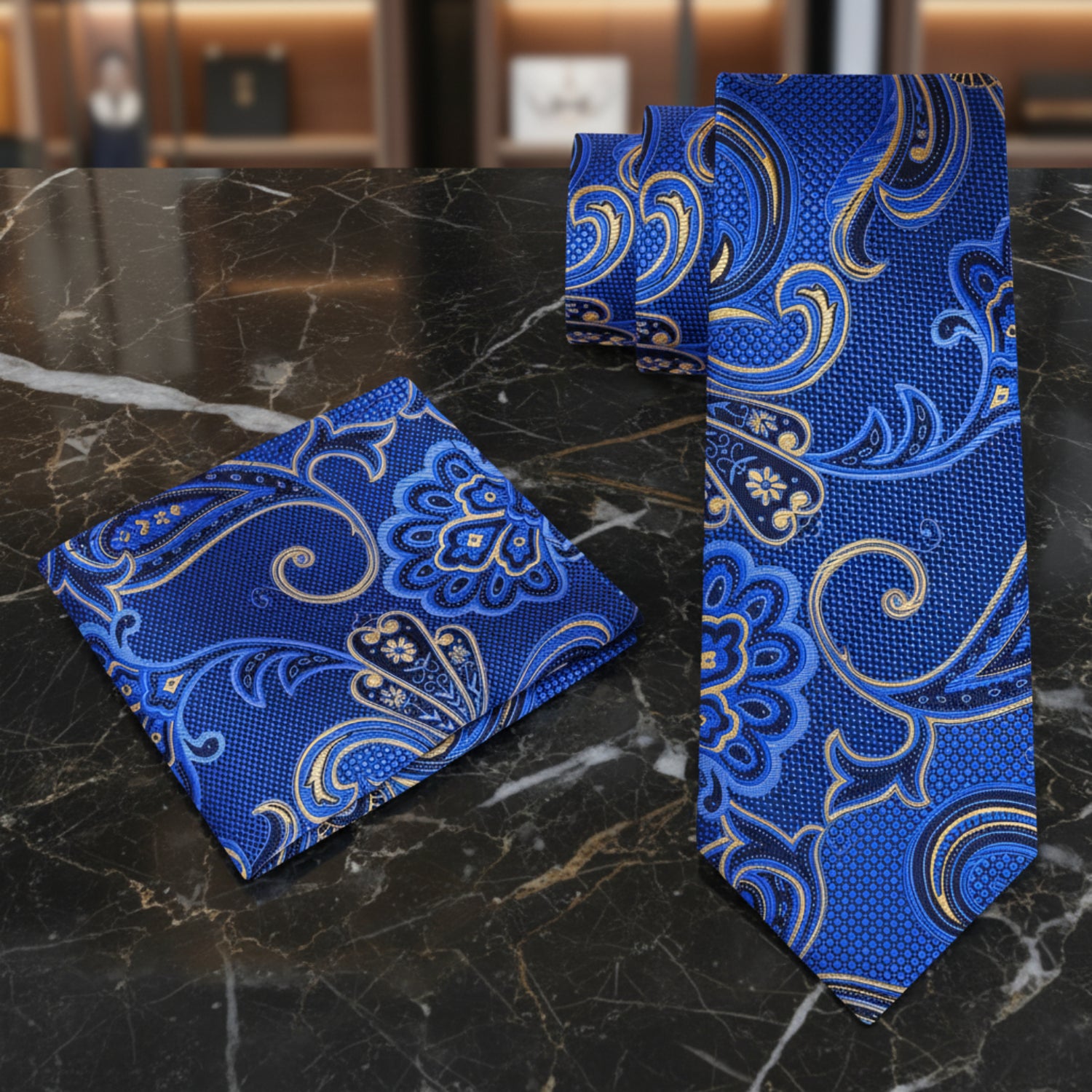Alt View: A Blue, Gold, Black Color Paisley Pattern Necktie, Matching Pocket Square