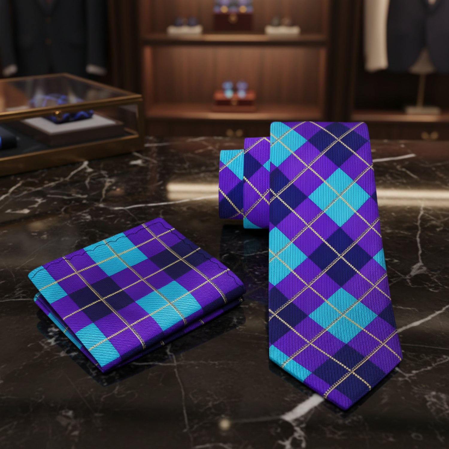 Alt View: A Teal, Purple, Blue Geometric Argyle Pattern Necktie, Matching Pocket Square