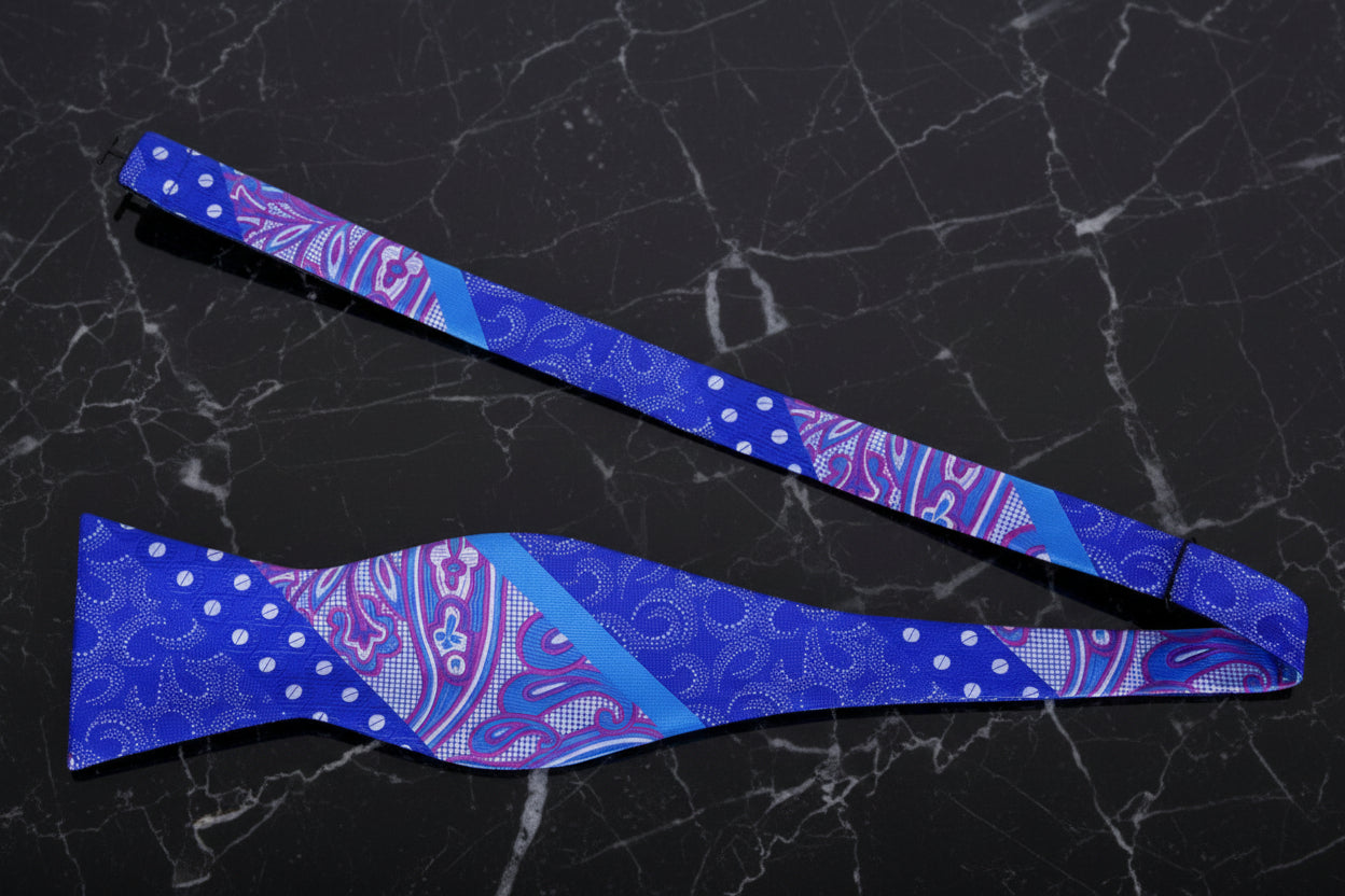 Untied View: A Blue, Purple Abstract Waves, Paisley, Dot Pattern Self Tie Bow Tie 