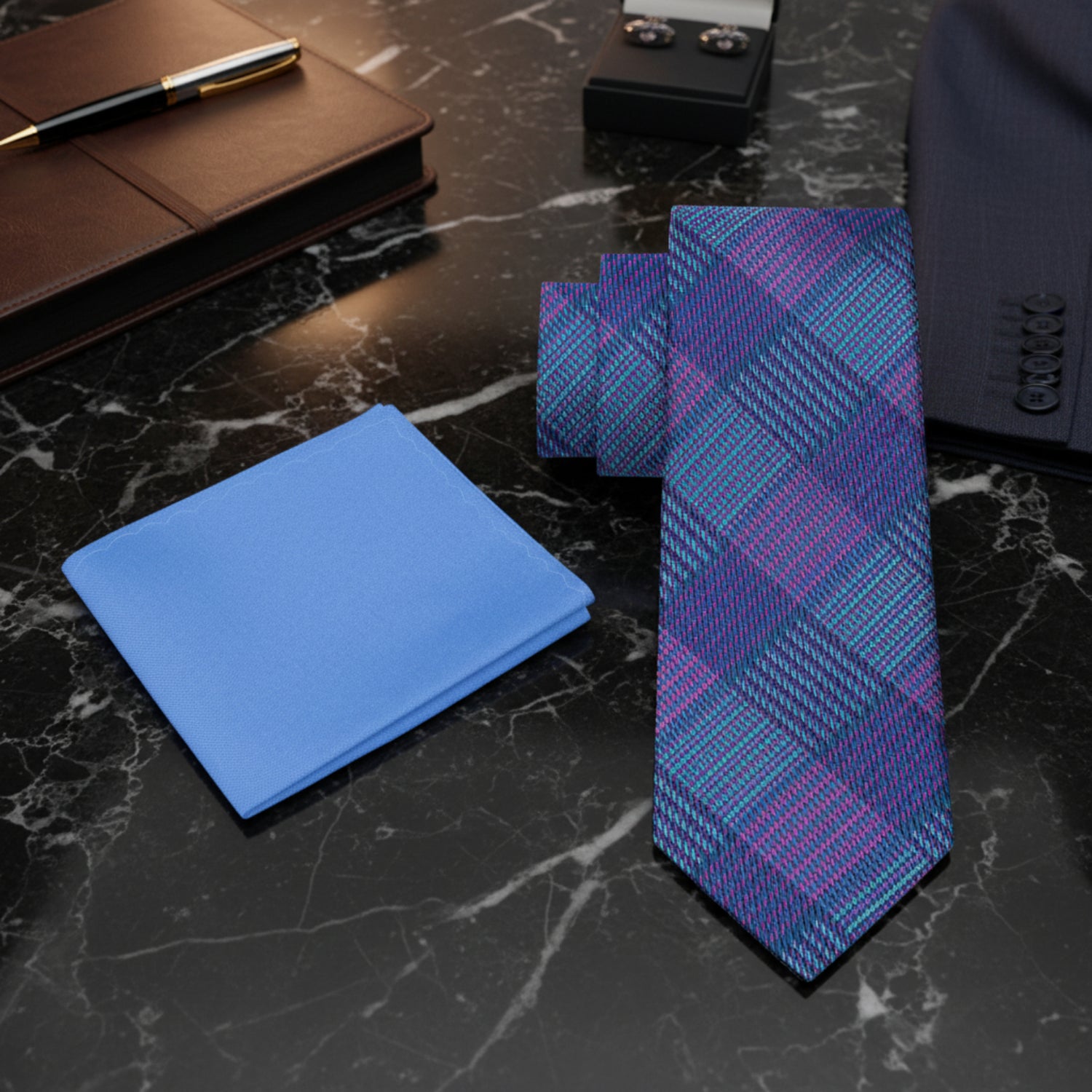 Alt View: Blue and Purple Plaid Tie and Blue Square
