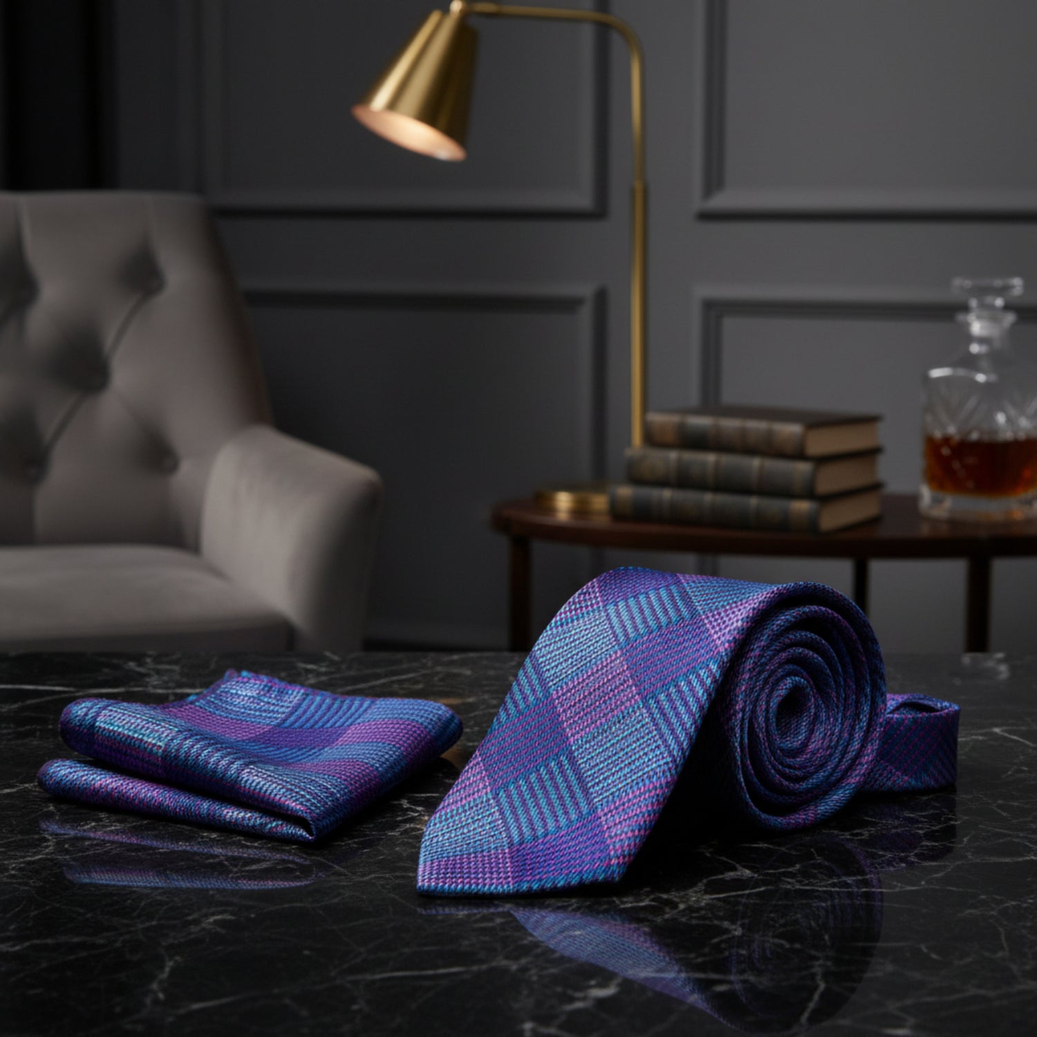 Alt View: Blue, Purple Plaid Necktie and Matching Square