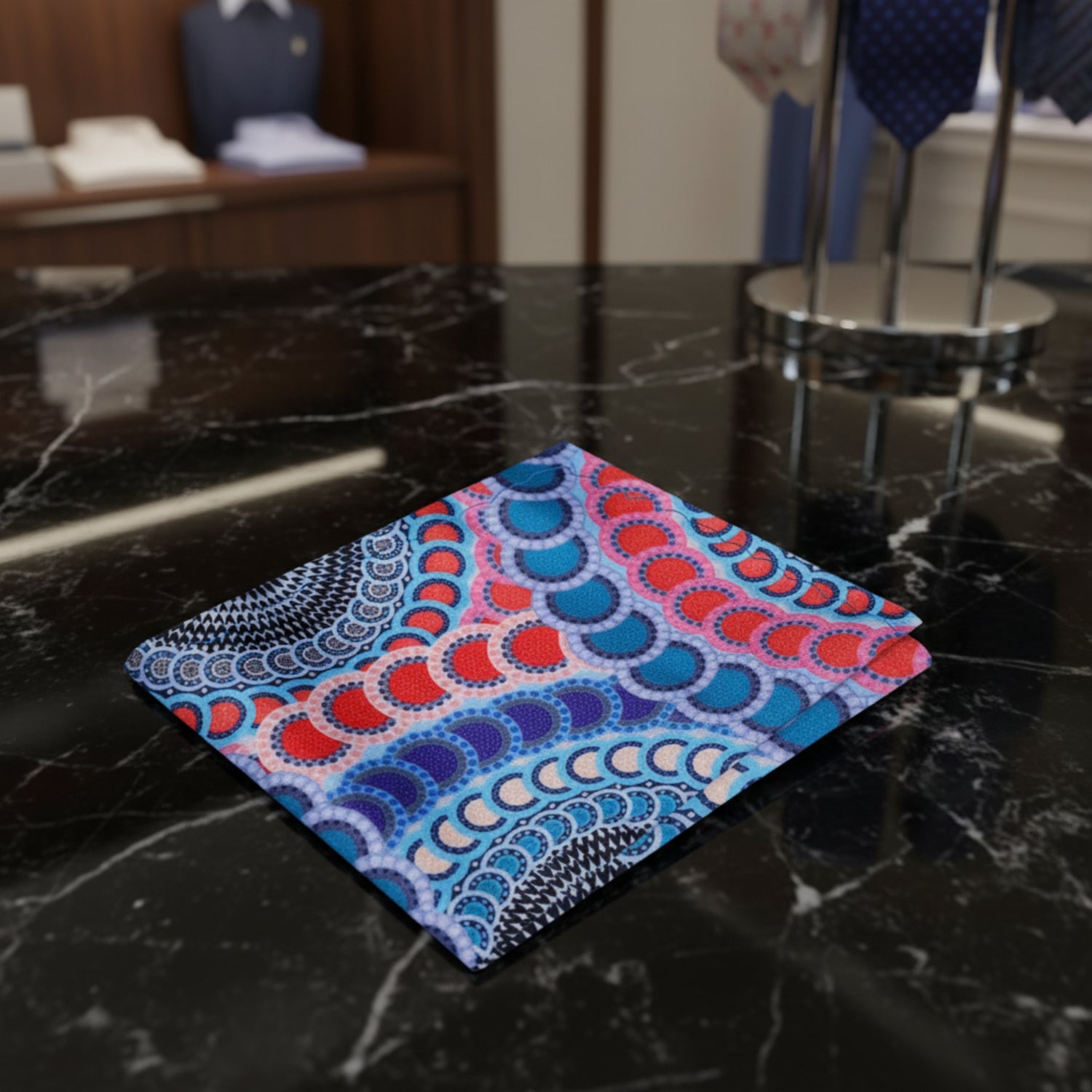 View 2: A Blue, Red, Yellow, Black, Purple Color Abstract Circles Pocket Square