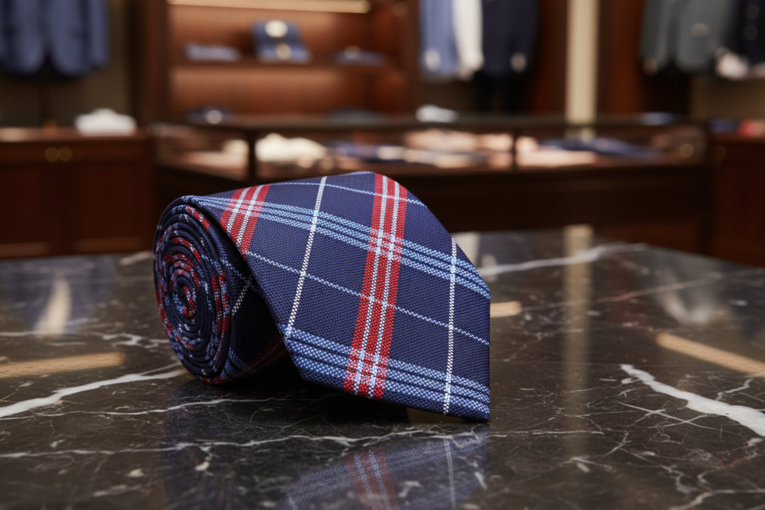 A Dark Blue, Red Plaid Pattern Necktie 