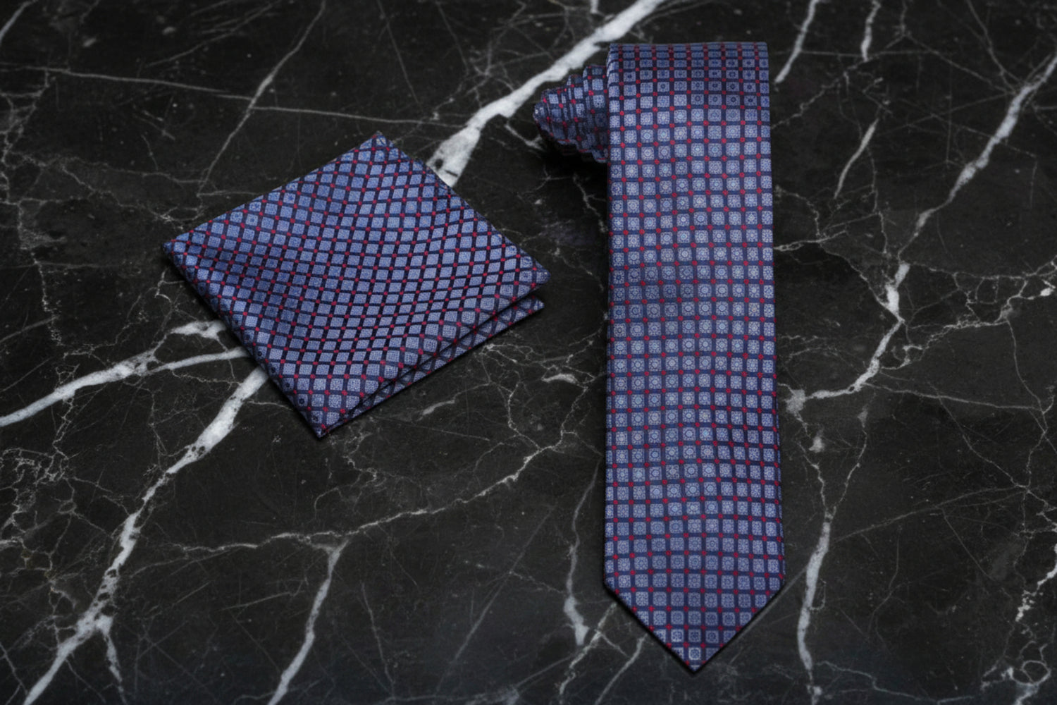 Alt view: A Deep Blue, Red Check Pattern Necktie, Matching Pocket Square