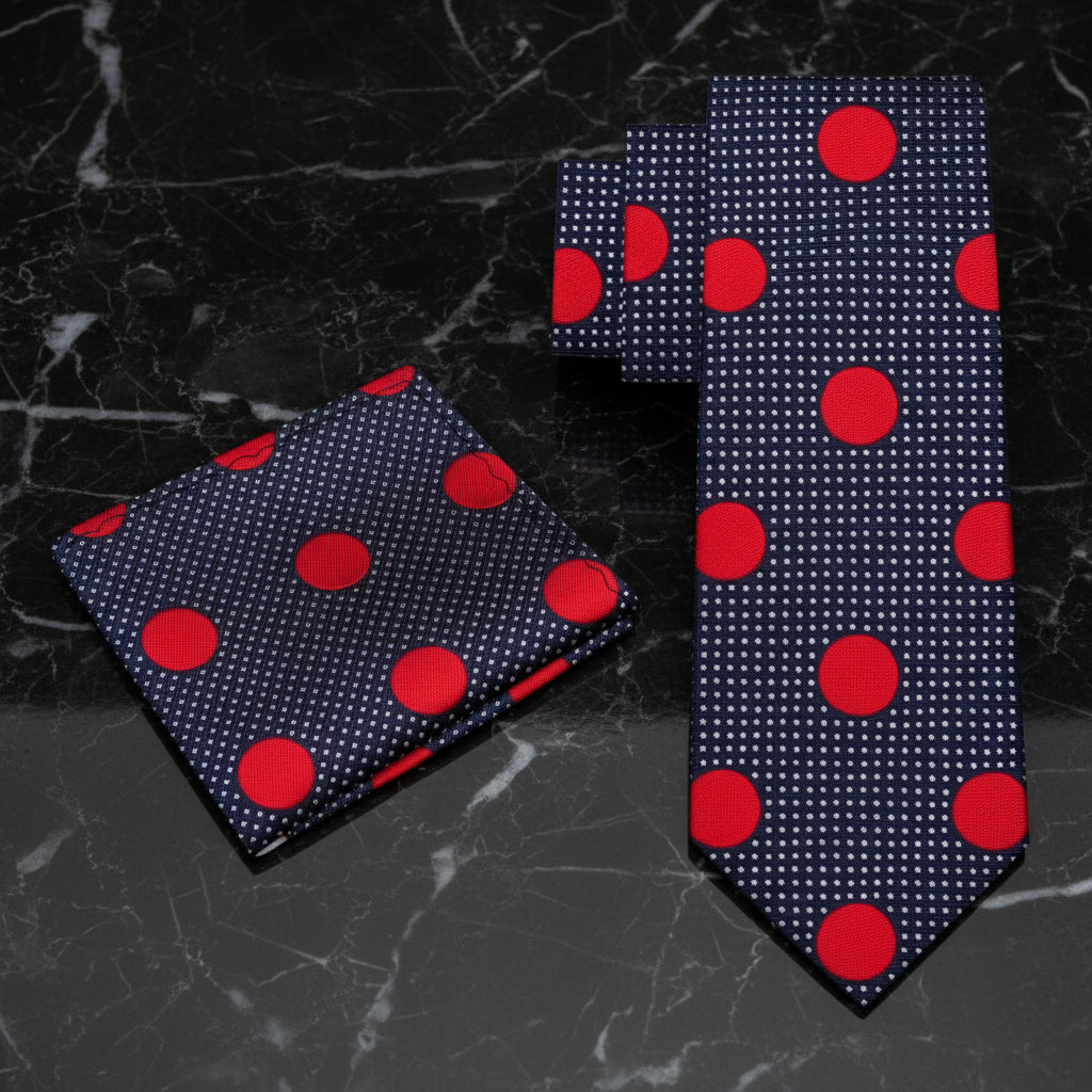 Alt View: navy, red polka tie and square