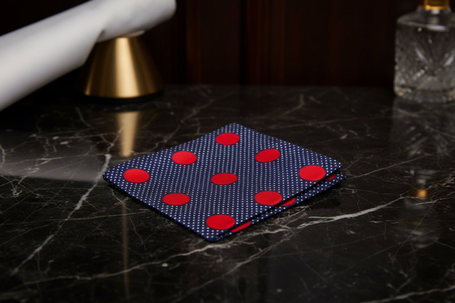A Dark Blue, Red Dot Pattern Pocket Square