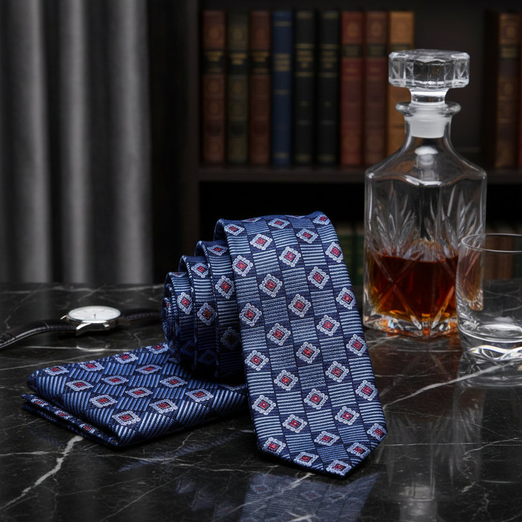 Alt View: A Blue, Red Geometric Pattern Necktie, Matching Pocket Square