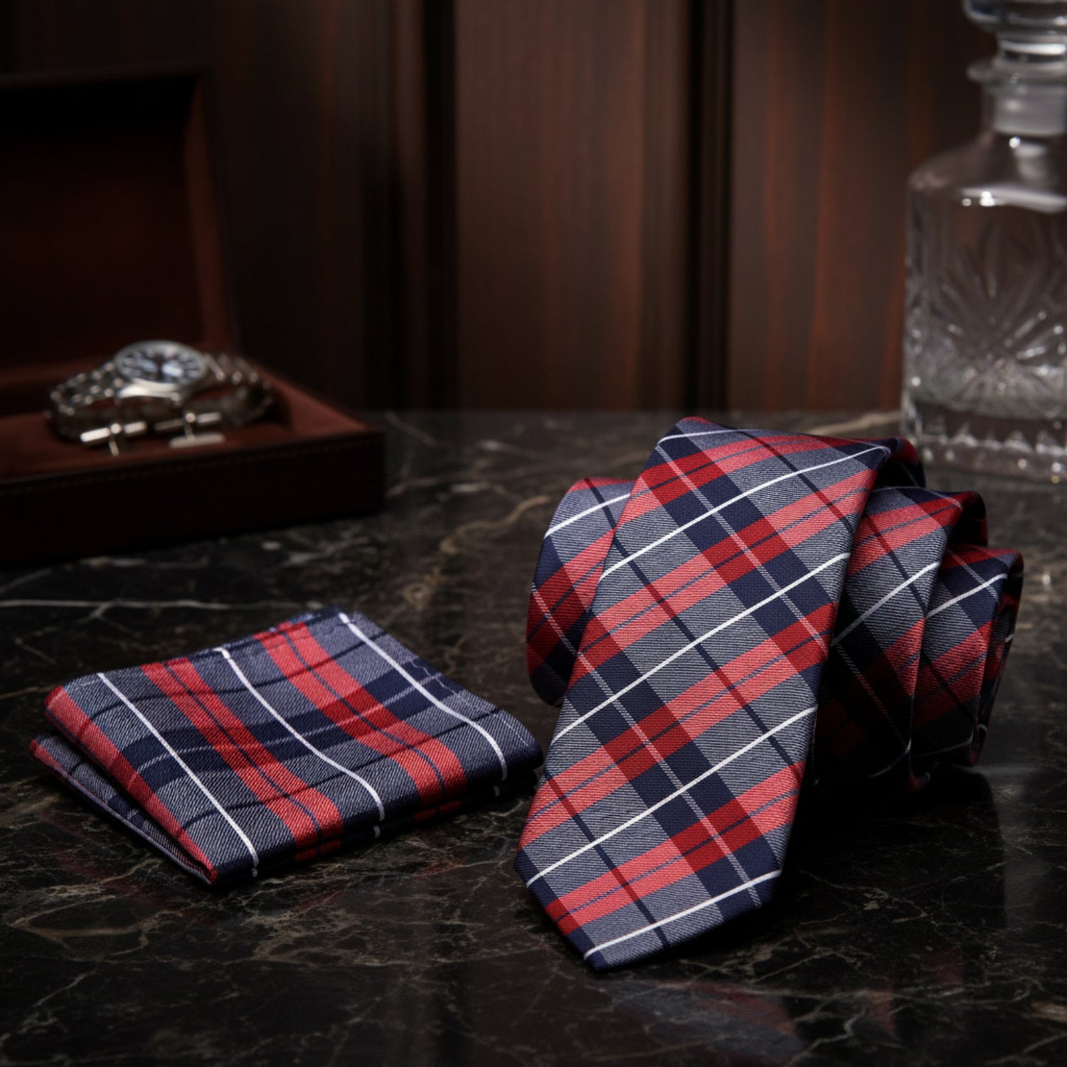 Alt view: A Red, Blue Plaid Pattern Necktie, Matching Pocket Square